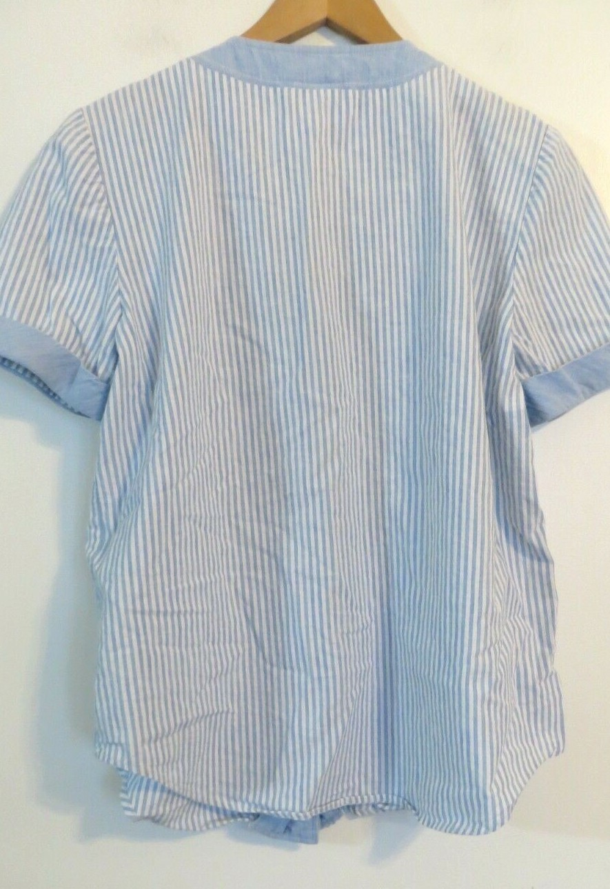Vintage Leslie Fay Shirt Womens Petite 10P Button Up Short Slv Blue White Stripe