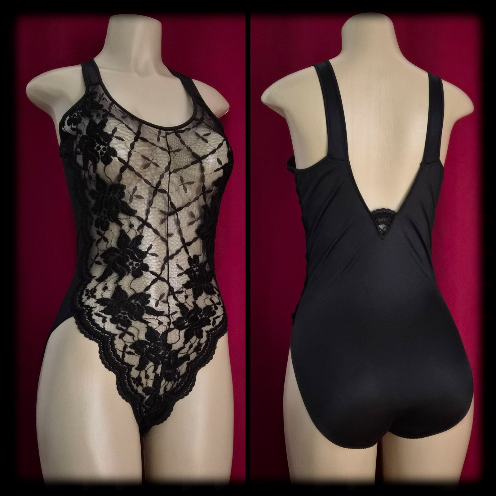 80s Vintage SHEER Nylon Gusset Teddy BODYSUIT Black PANTY All In One Shaper ~ M