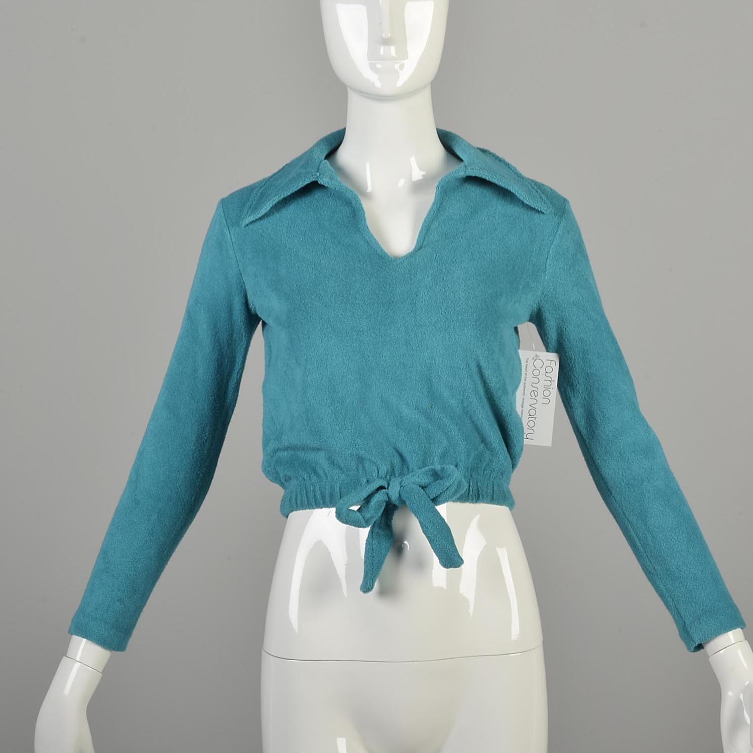 1970s XS Turquoise Terrycloth Top Teal Long Sleeve Tie Waist Active Wear