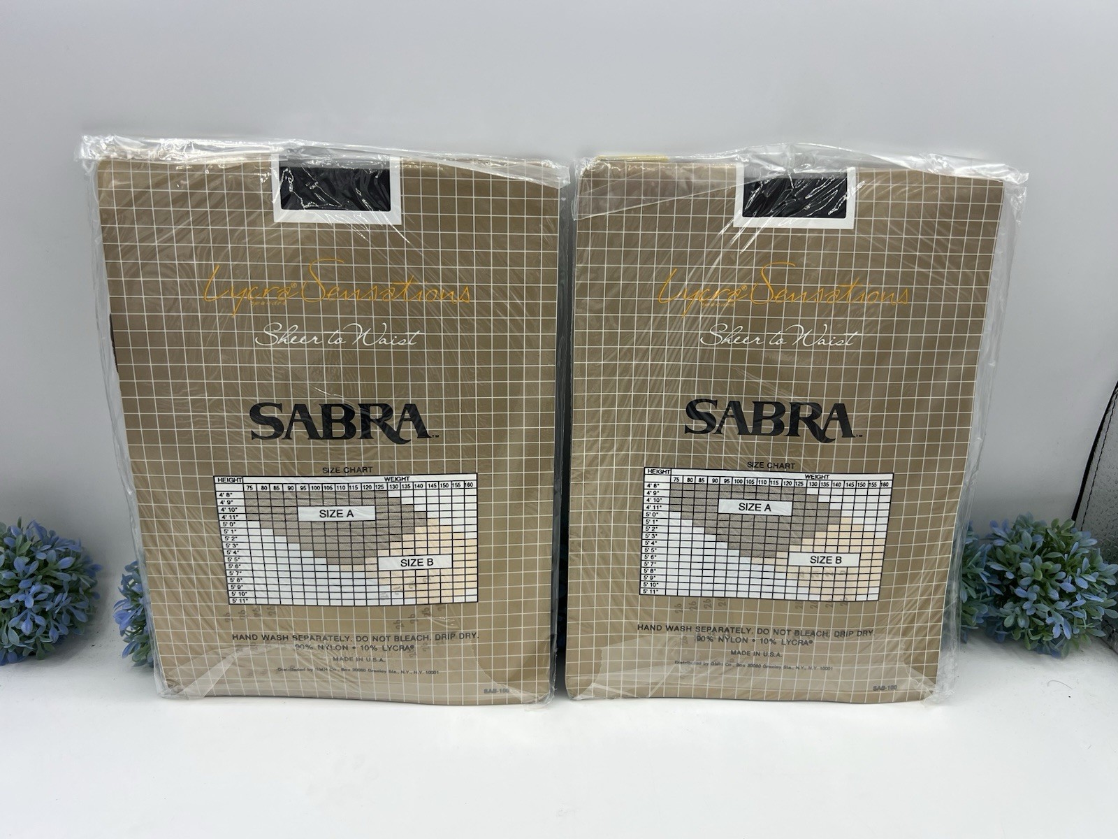 2Vtg Sabra Lycra Sensation Sheer To Waist Pantyhose Off Black Size B 125-160 Lbs