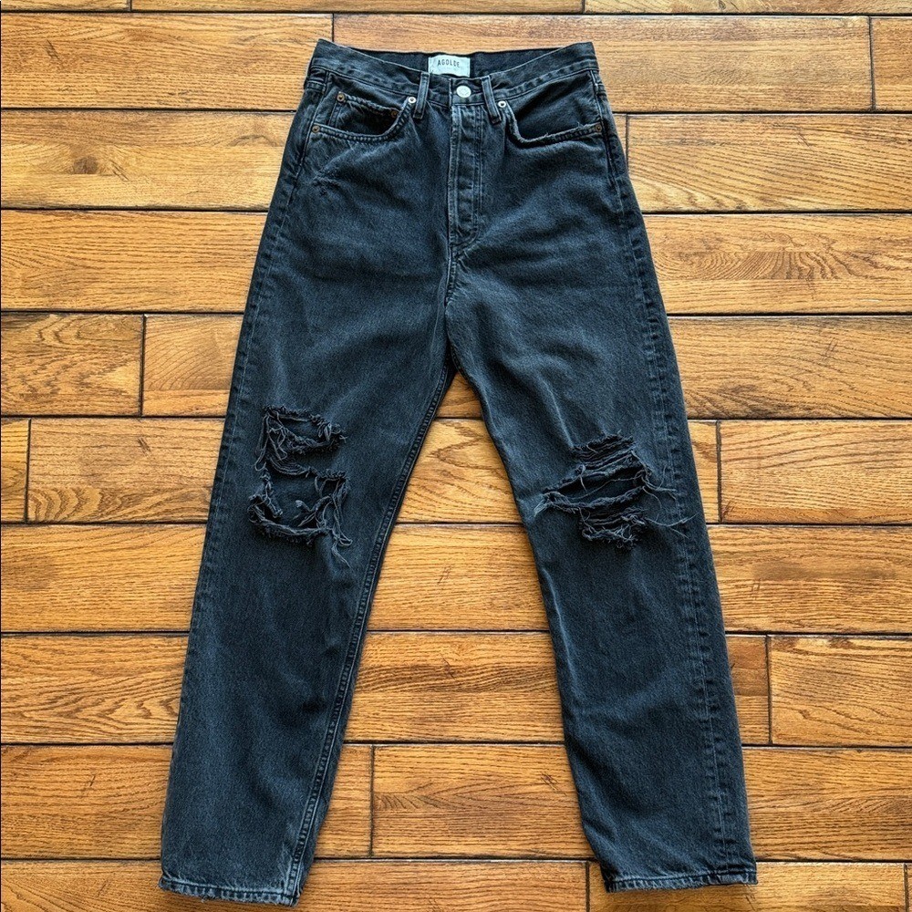 AGOLDE 90s Mid Rise Loose Fit in Vagabond Washed Black Sz 25 Distressed Boho