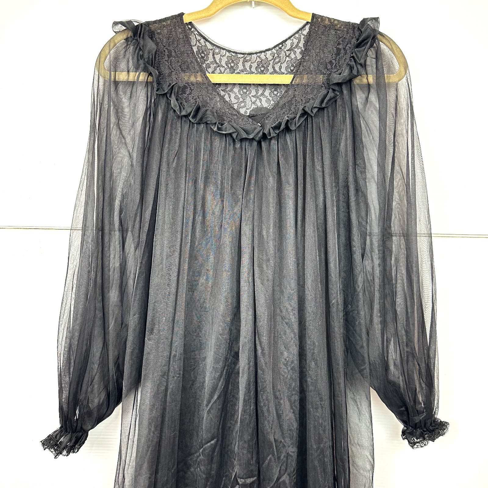 Vintage 2pc Jenelle California S/M Black Peignoir Robe & SHEER CHIFFON Nightgown