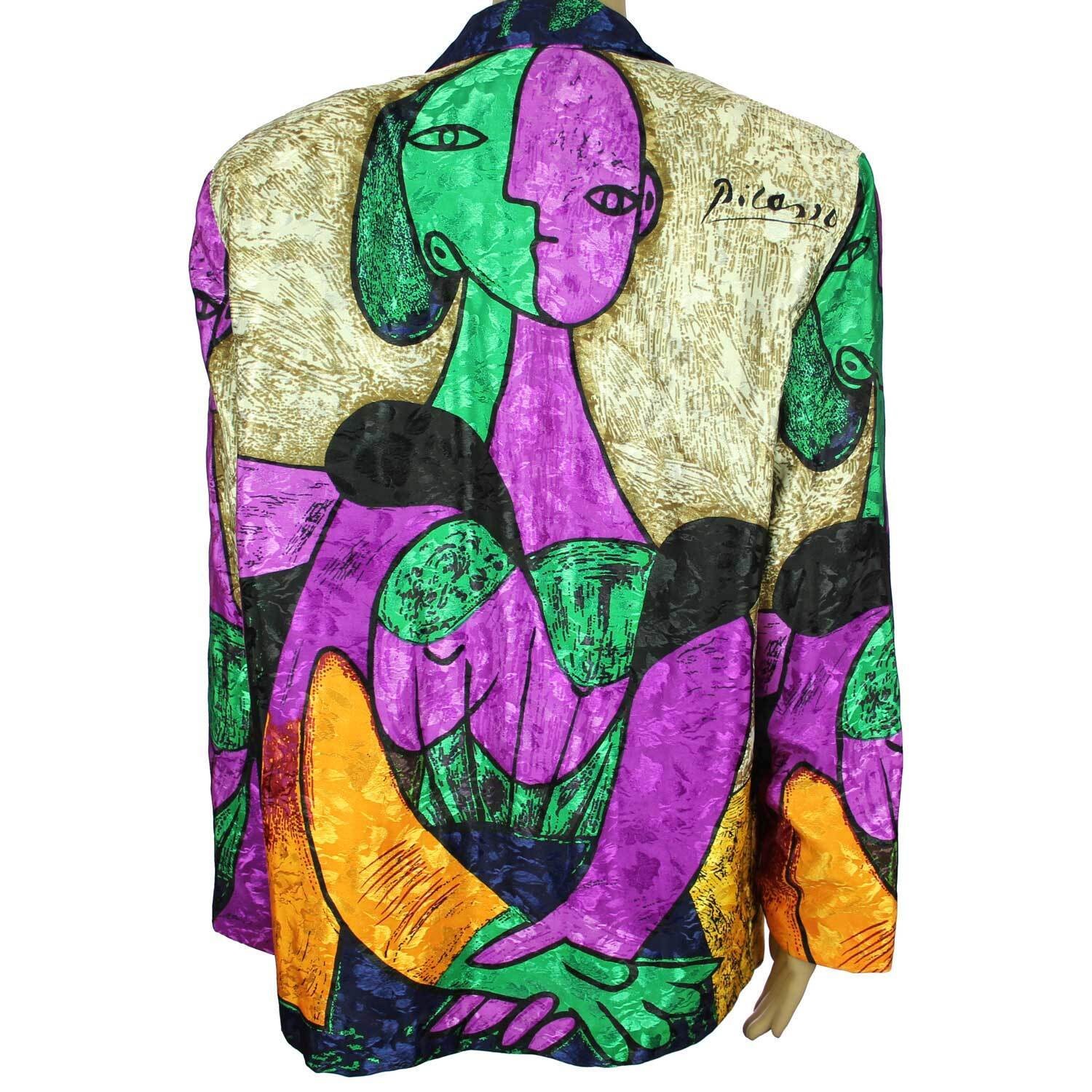 Vintage Satin Blazer Jacket PICASSO Double Face All Over Cubist Print 1980s XL