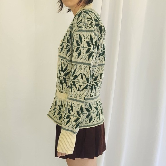 60s Green and Cream Wool Cardigan