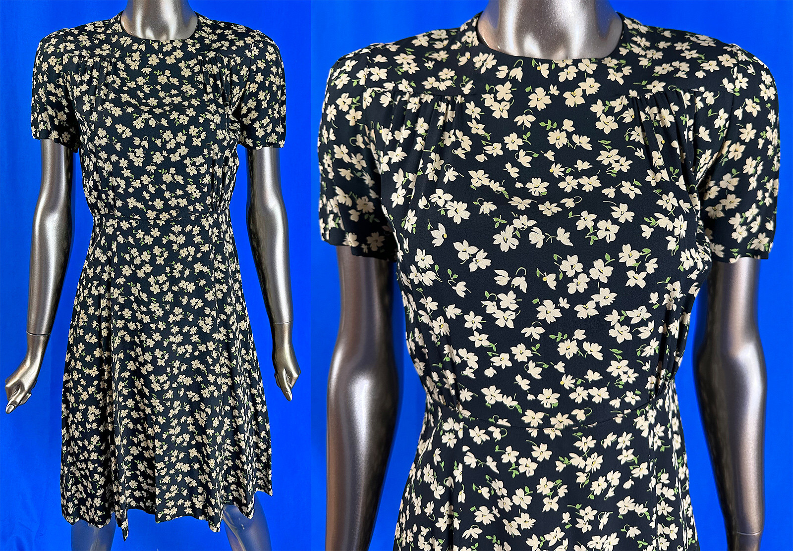 Vintage 1940s Black Silk Crepe White Jasmine Flower Print Swing Skirt Dress