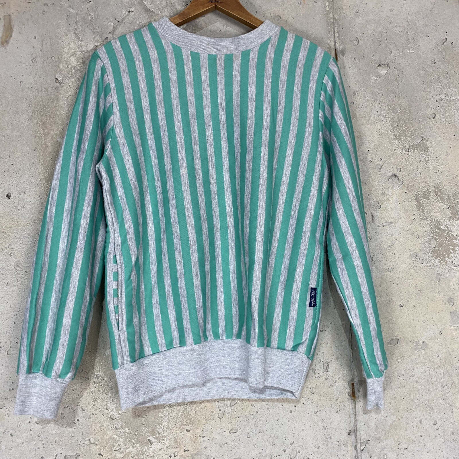 Vintage 80s dolfin corp blue green aqua gray striped crewneck sweatshirt med