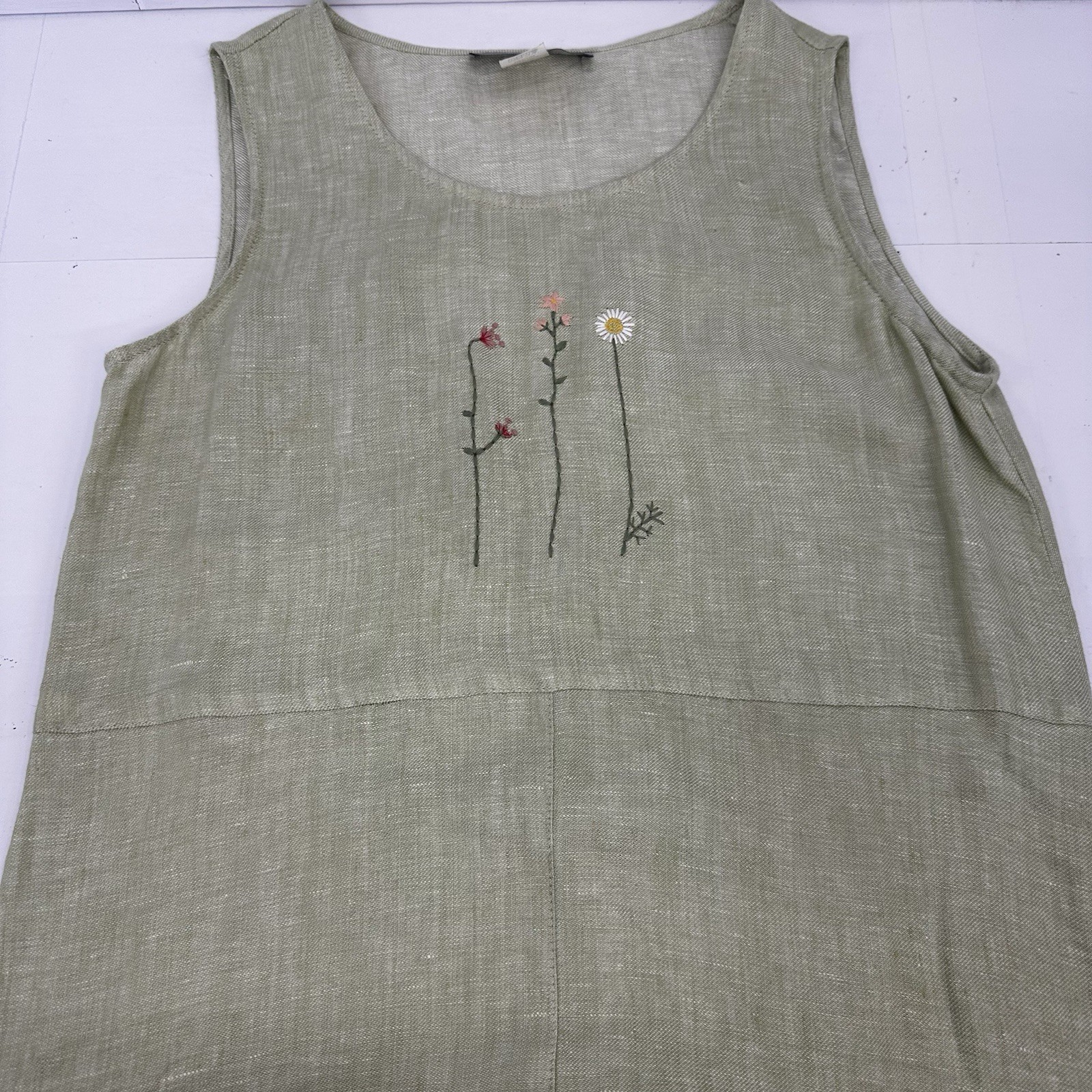 VTG CarolAnderson Linen Green Embroidered Dress USA Cottagecore Prairie M READ