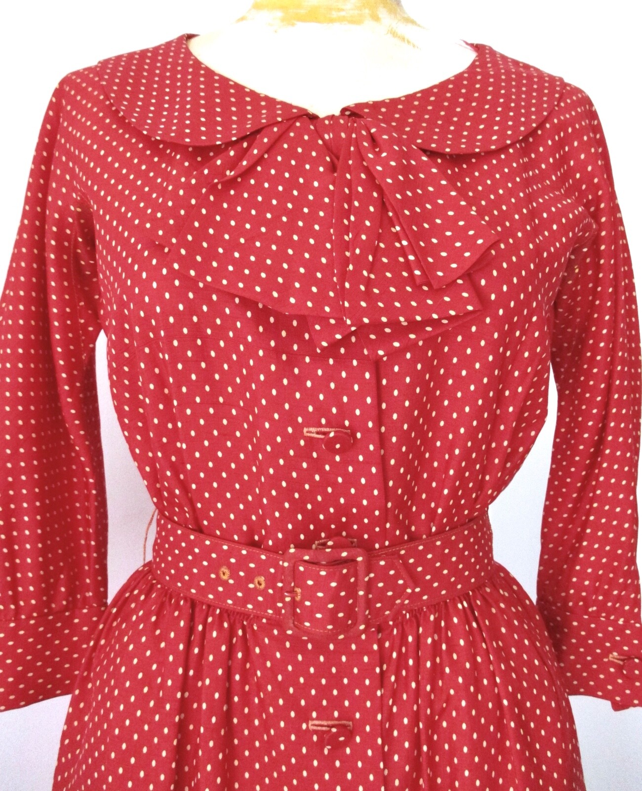 Vtg 50s Rockabilly Red Beige Dots Silk Swing Button Dress Bow Buckle Belt 8