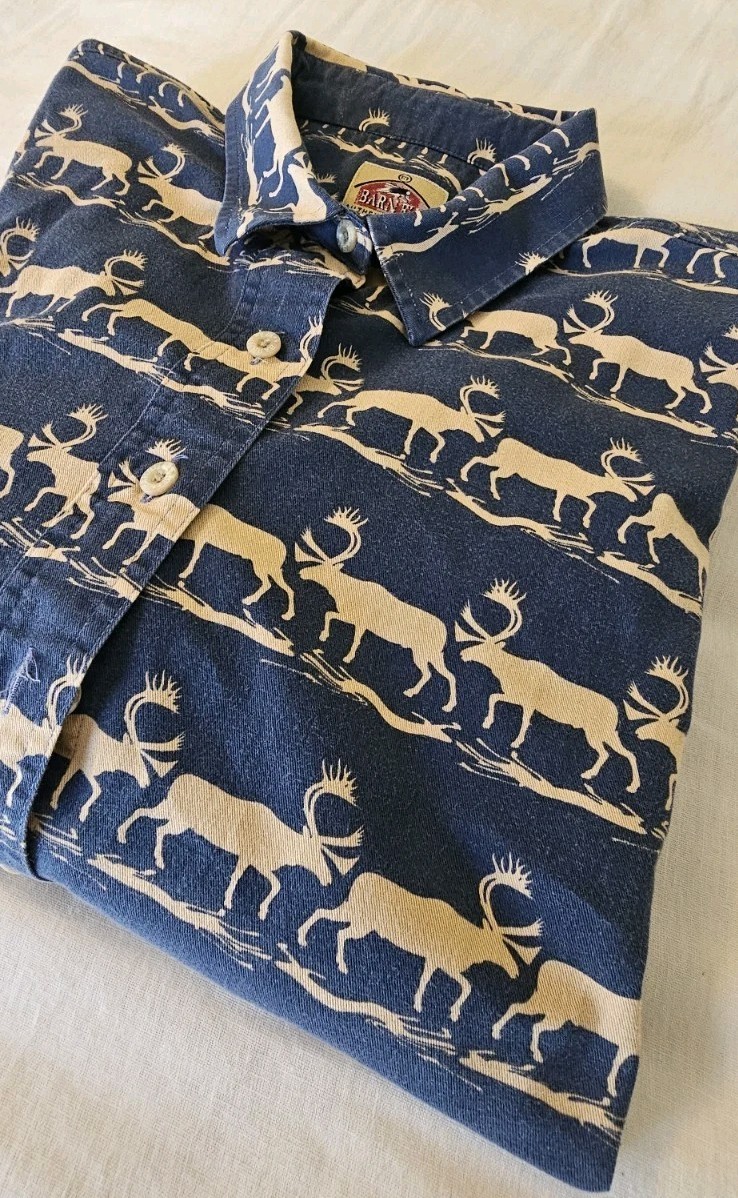 Vtg Barn Fly Casual Button Up Shirt Womens Size L Navy Elk All Over Pattern