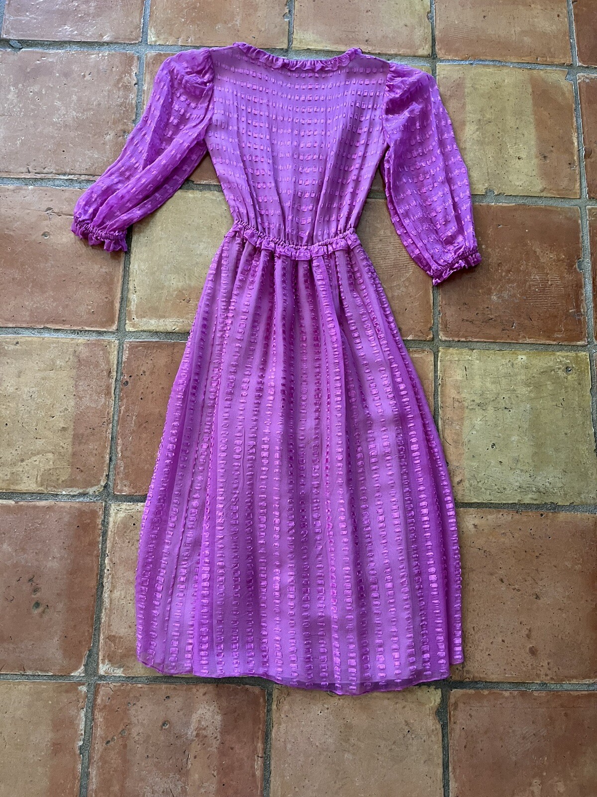 1980s Neiman Marcus Pink Sheer Ruffle Wrap Dress Ribbon Belt Petite Vintage