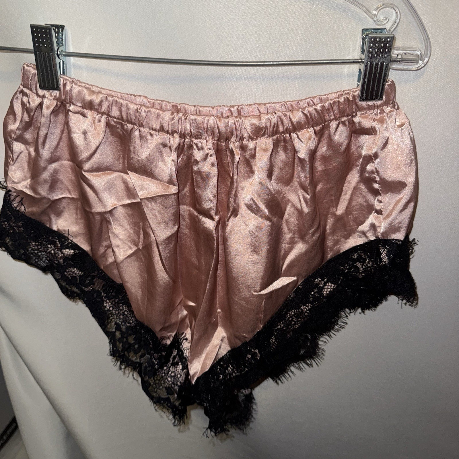 Vintage PJ Shorts Pink Black Lace Feminine Romantic Pajama Medium