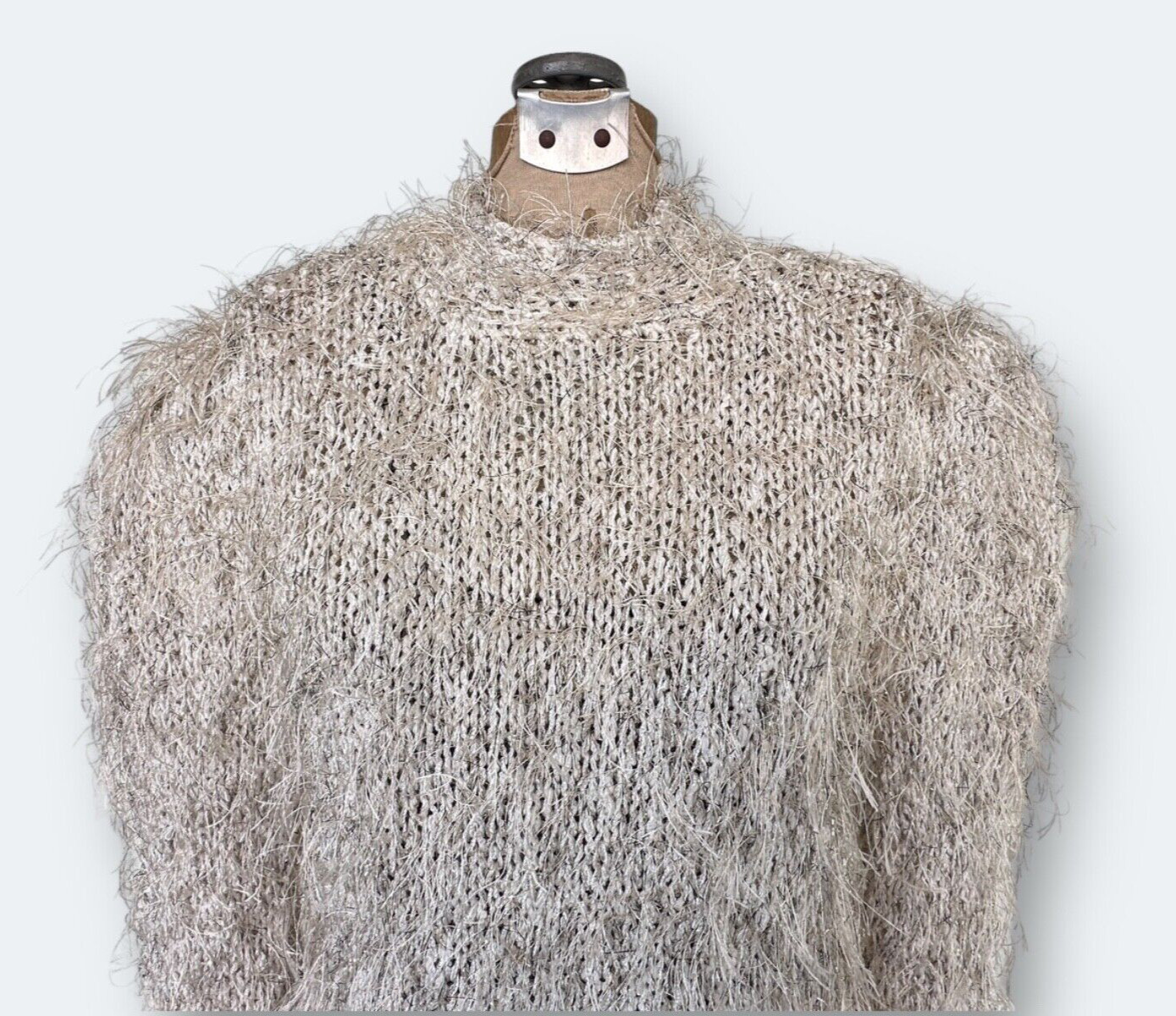 Estelle Womens Crochet Sweater Size Medium Vintage Fuzzy Beige Fringe Sweater