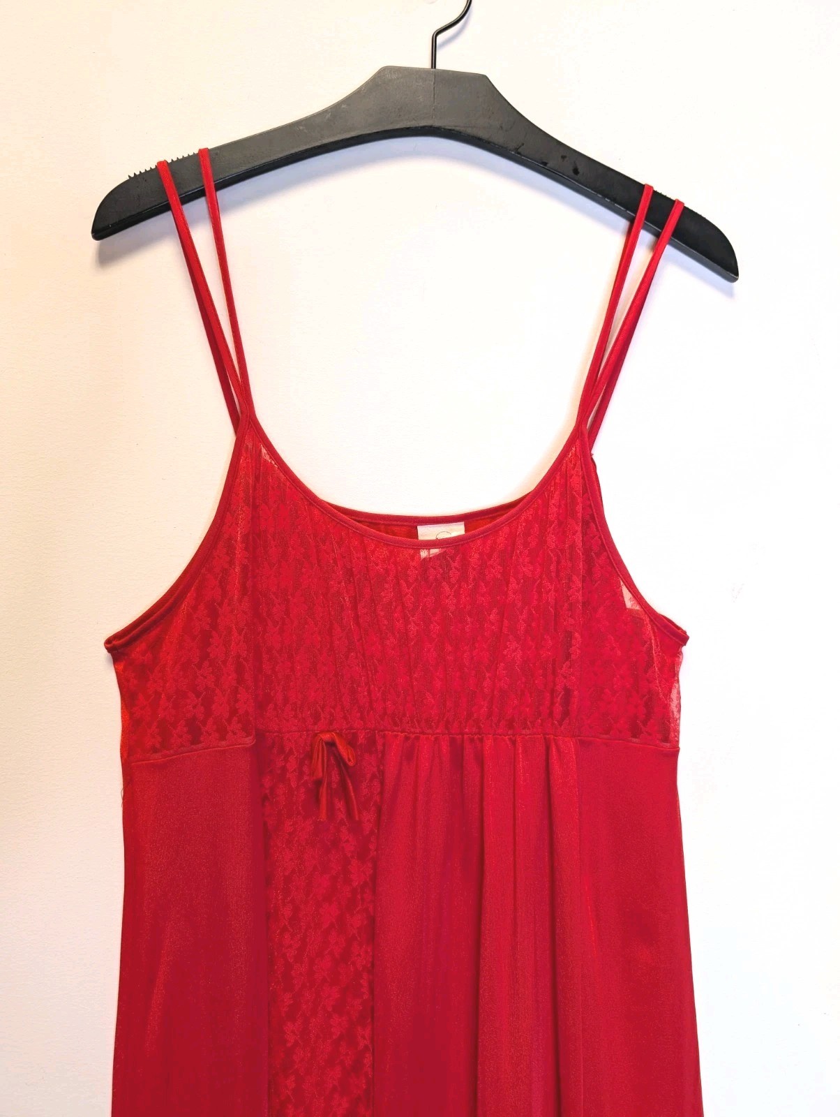 Vintage Red Lace Maxi Slip Dress Double Strap Sheer Nylon Nightgown M 90s Y2K