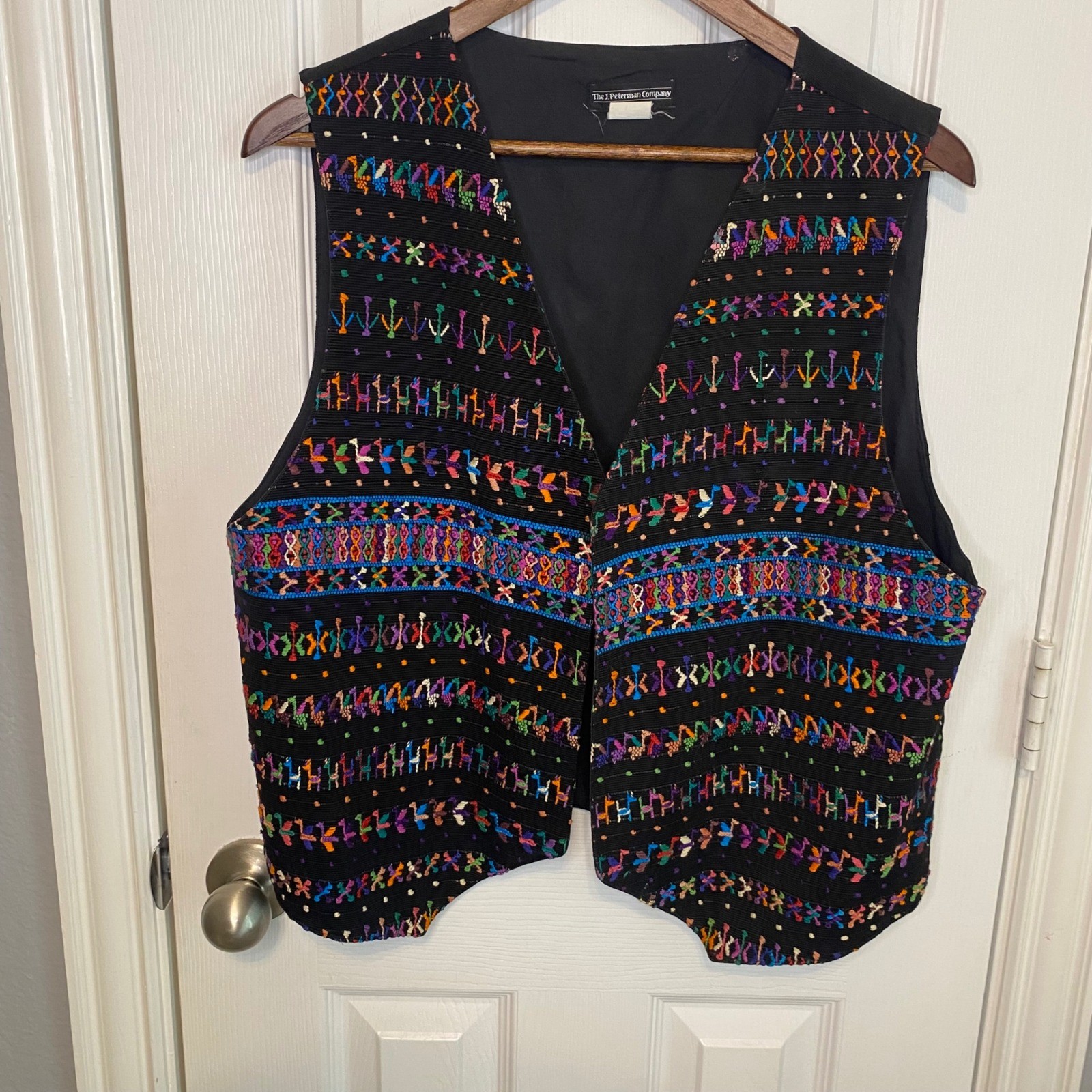 The J Peterman Company Vintage Vest Womens Large Embroidered Cotton Black Multi