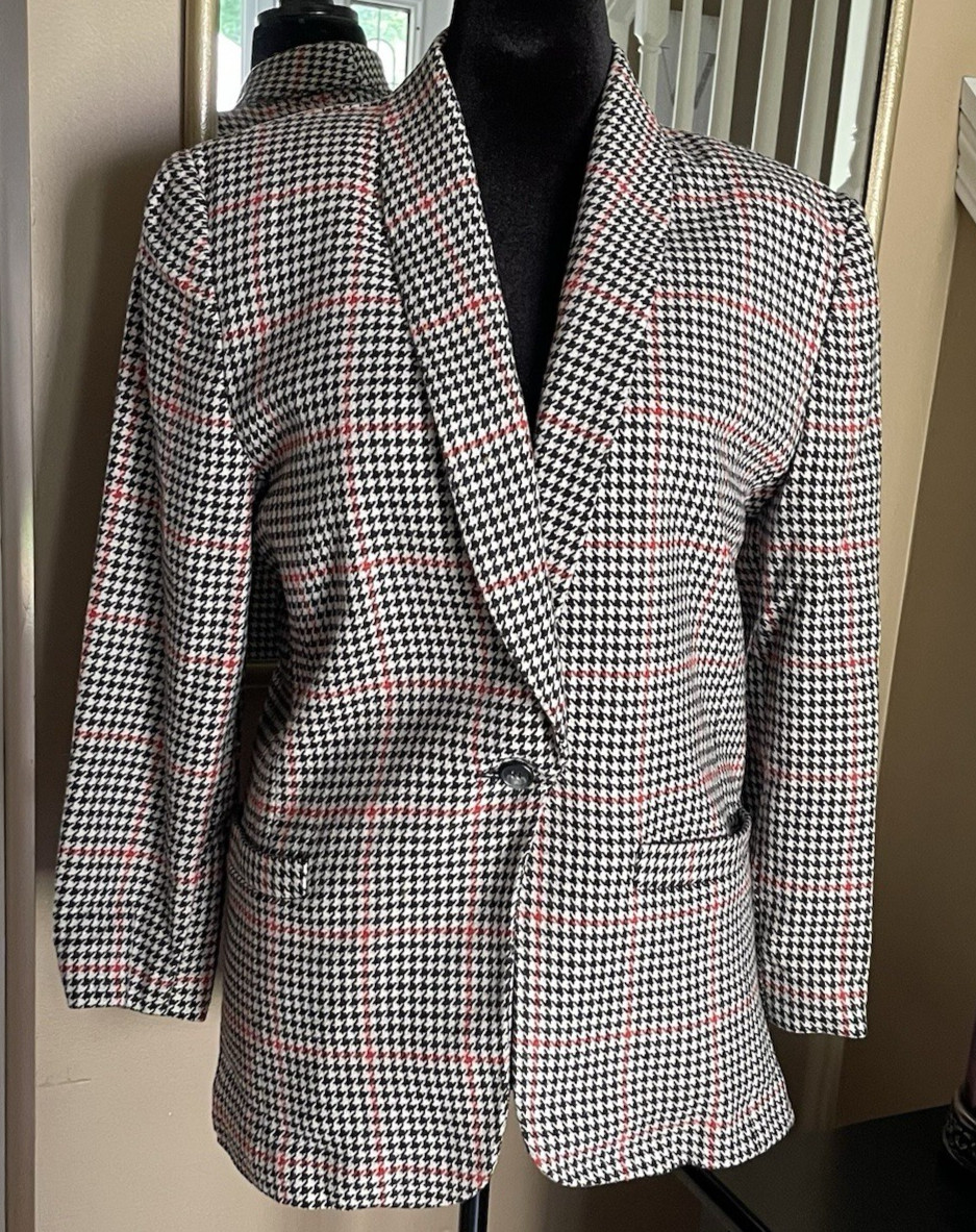 Vintage 1990’s RADCLIFFE Size 10 Wool Blend Black White Red Houndstooth Blazer