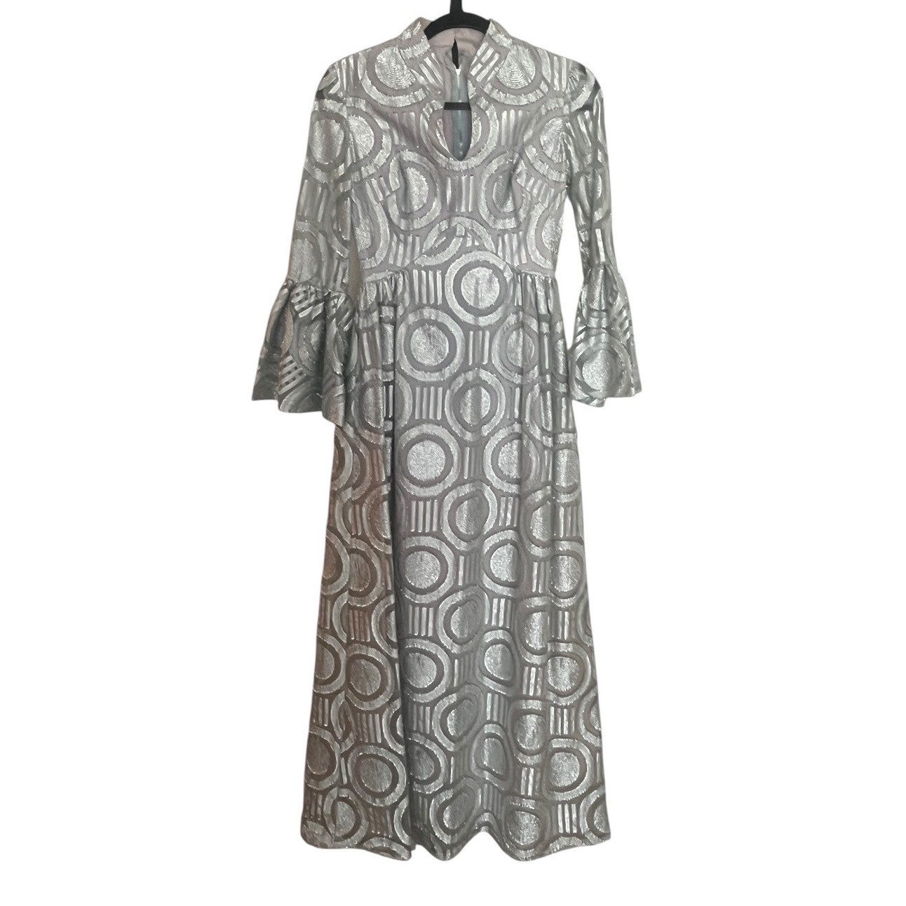 Vintage Silver Metallic Geometric Circle Bell Sleeve Keyhole Dress Mod Retro