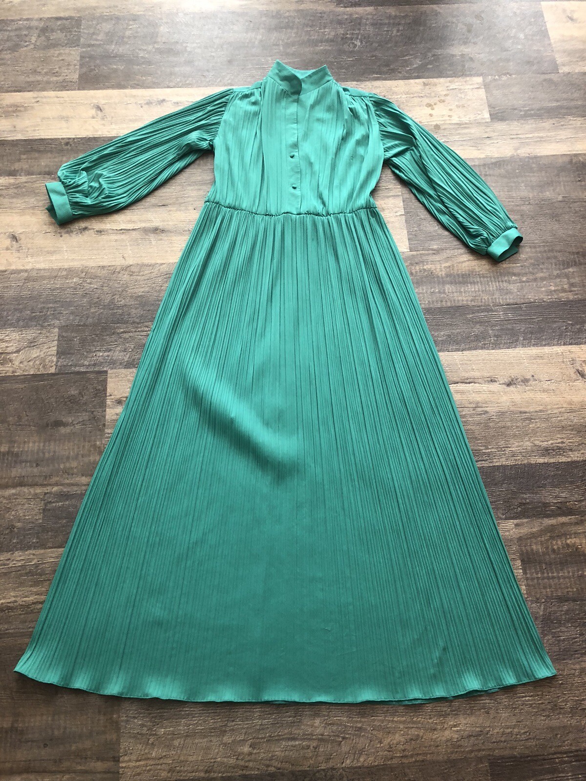 Vintage Willi of California Pleated Long Sleeved Teal Green Maxi Dress Size 10