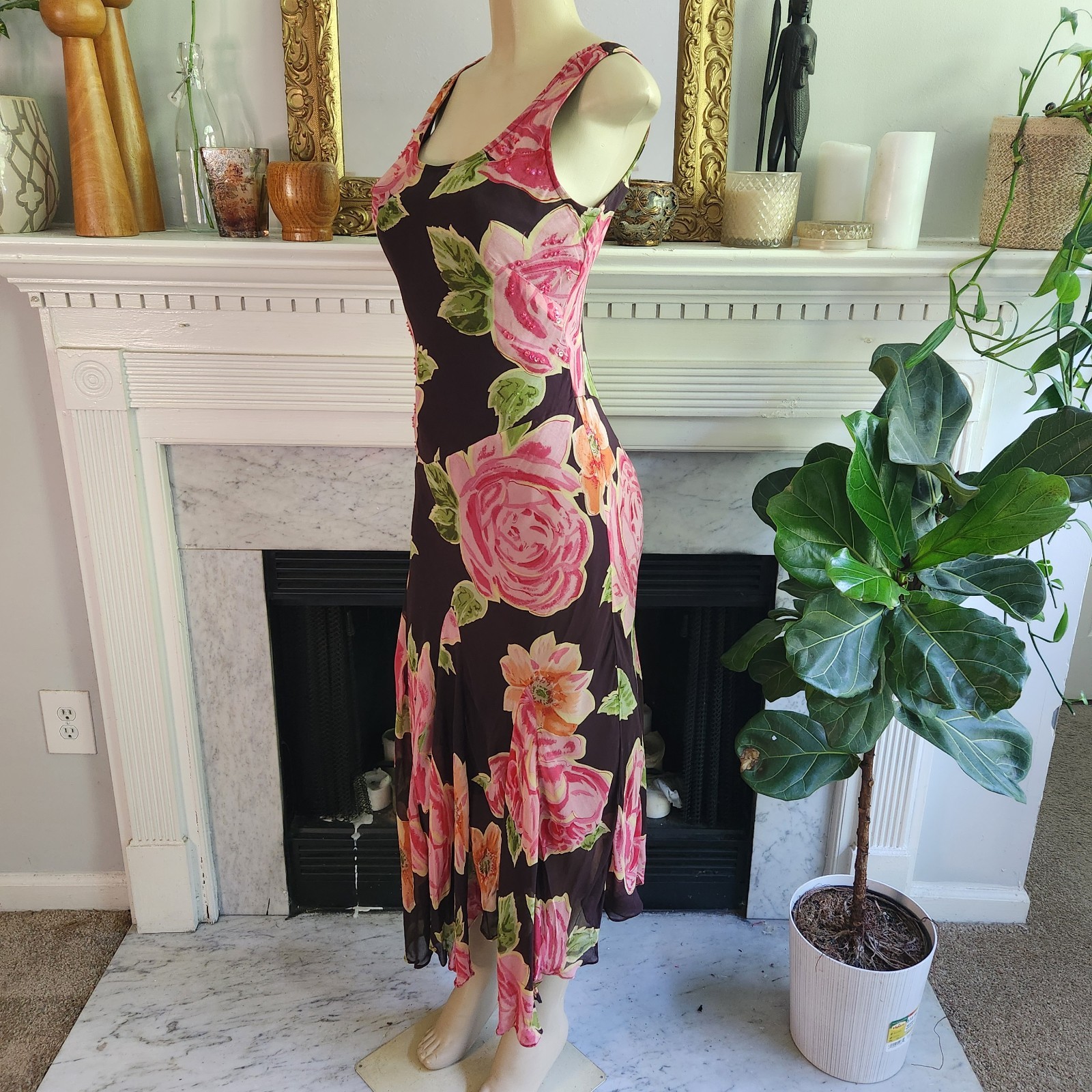 Vintage Y2K Brown Floral Tank Dress Pink Maxi Sequin Romantic Boho Size Large