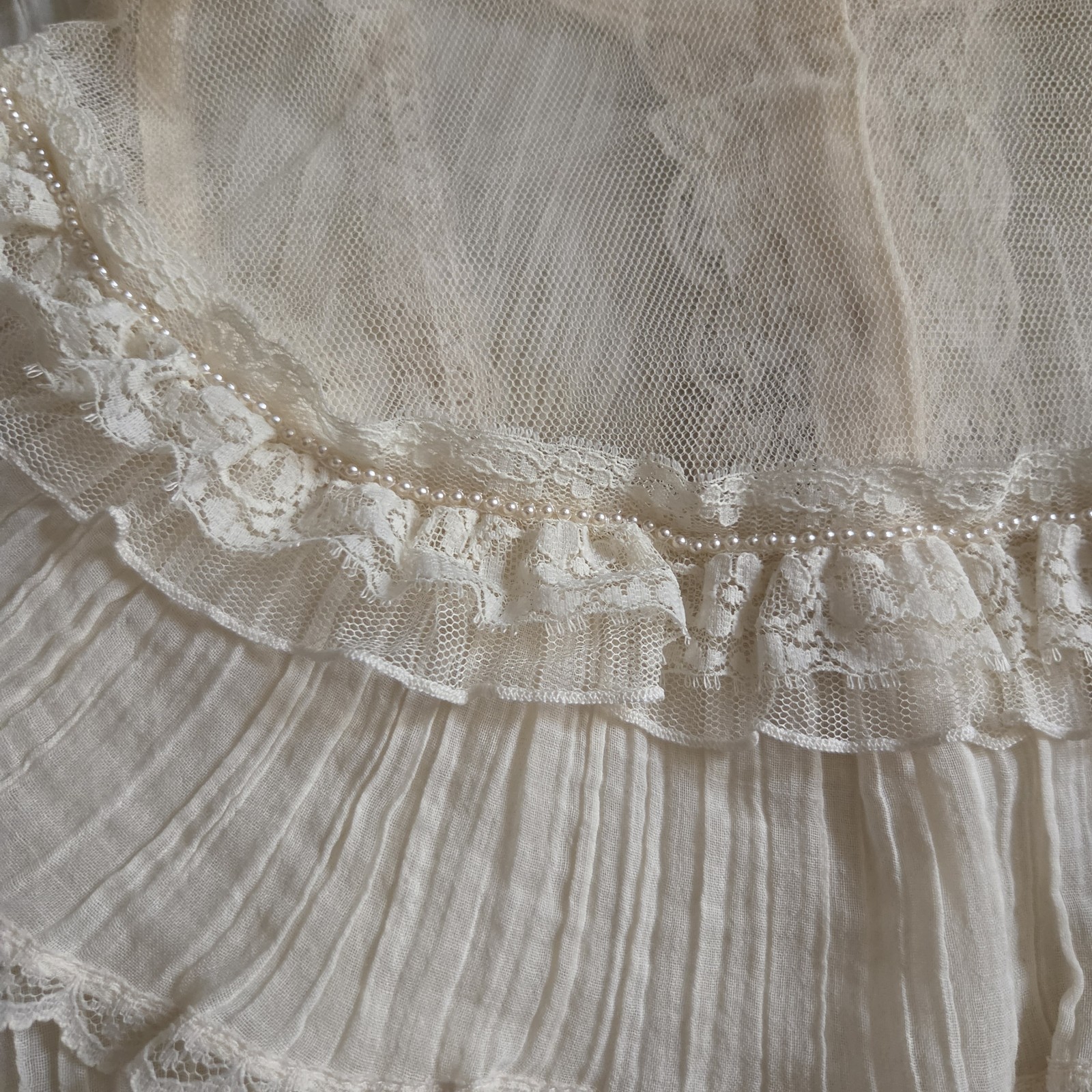 Gunnies Ivory Sheer Lace Blouse High Neck Ruffle Pearl Button Long Sleeve