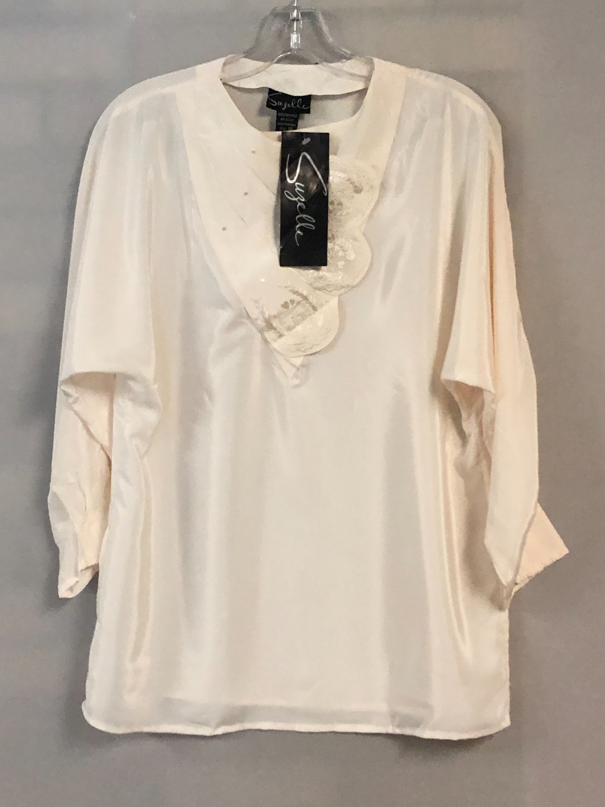 Vintage 80s Suzelle Ivory Blouse Asymmetric Embroidered Bib Pearl Top Size 10
