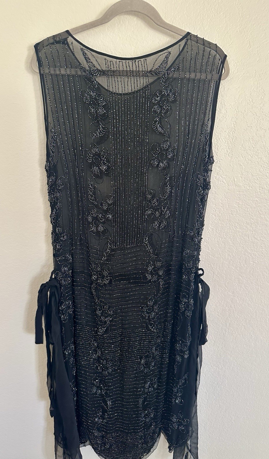 Antique Art Deco Beaded Silk Chiffon Tabard Dress Black Glass Beads 1920s Medium