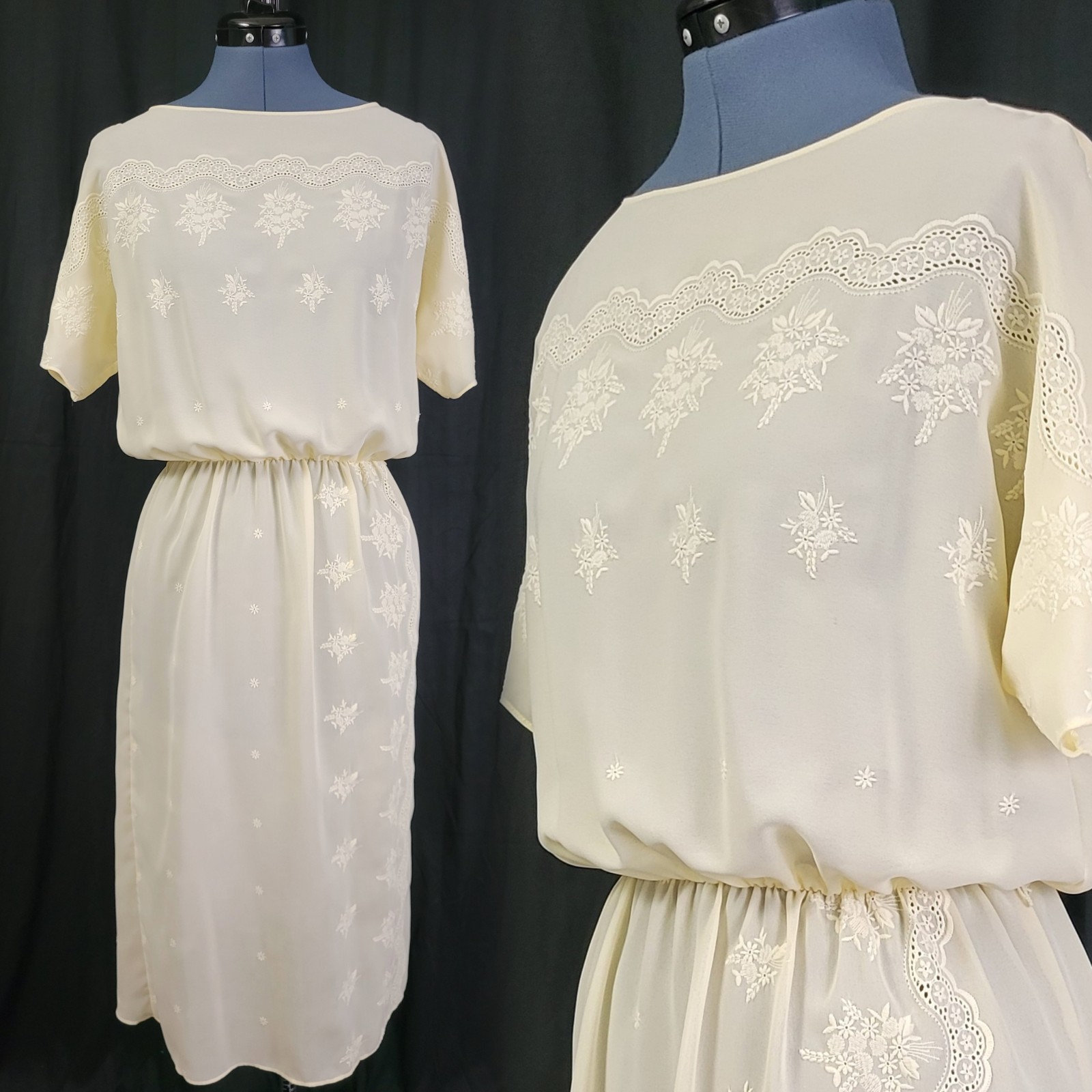 Vtg Lizzy & Johnny Pale Yellow/Cream Blouson Dress w Embroidery Detail Size S/M?