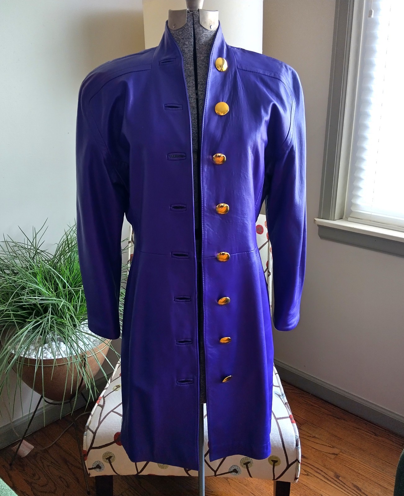1980s Purple Leather Coat Jacket Made in Italy Size 6 Gold Buttons Prince Style