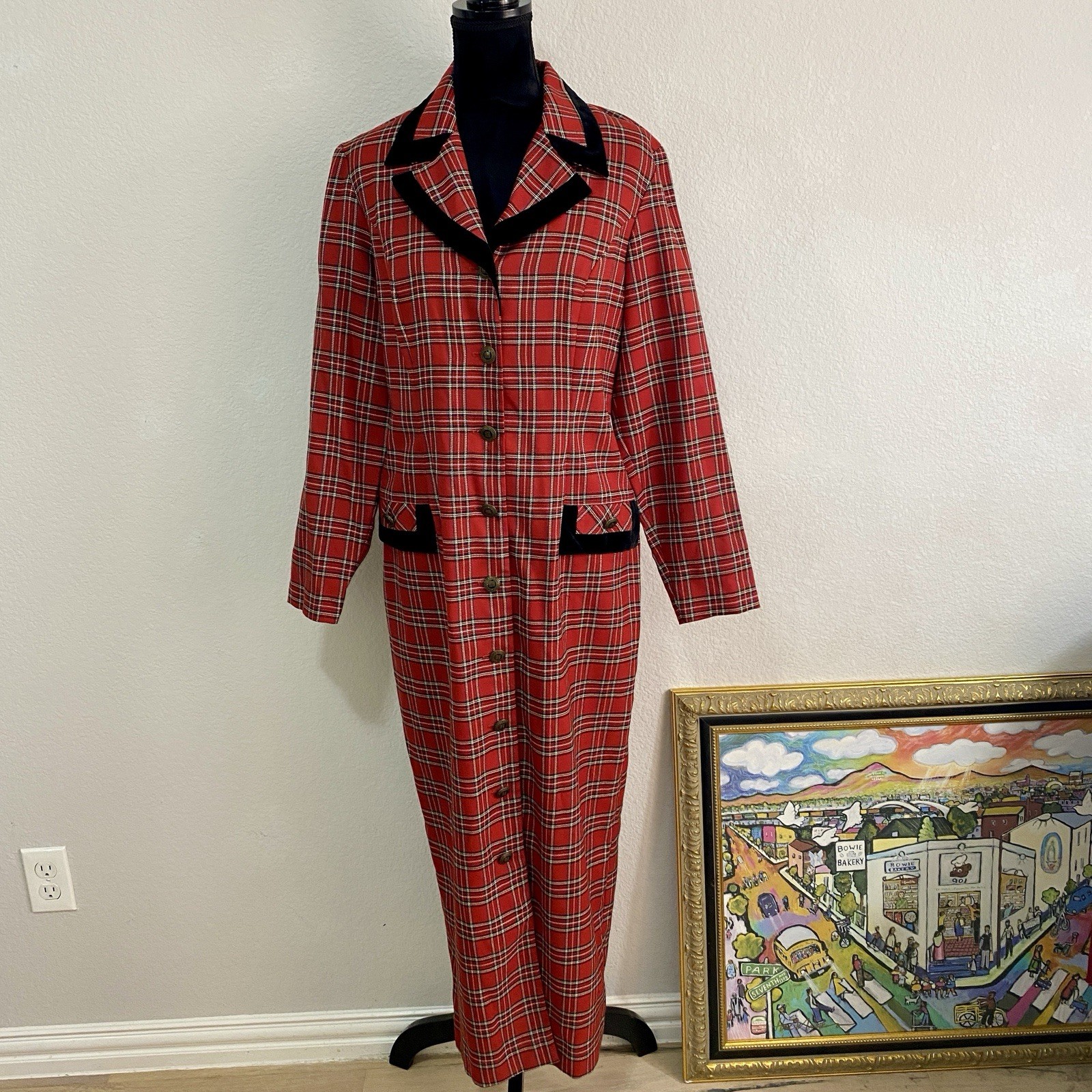 Vintage Sharon Young Plaid Dress Velvet Trim Mock Pockets Unlined Cute Buttons