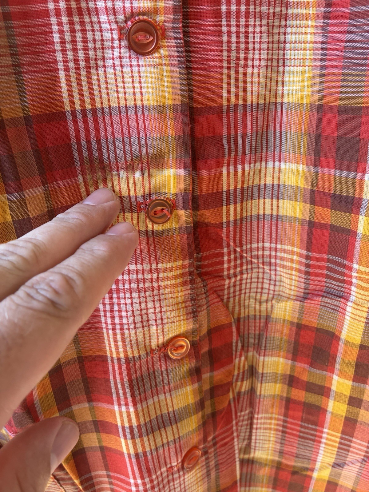 Vtg 60s Orange/Yellow Plaid Dress Dan River Nancy Frock 1 Pockets Button Up!