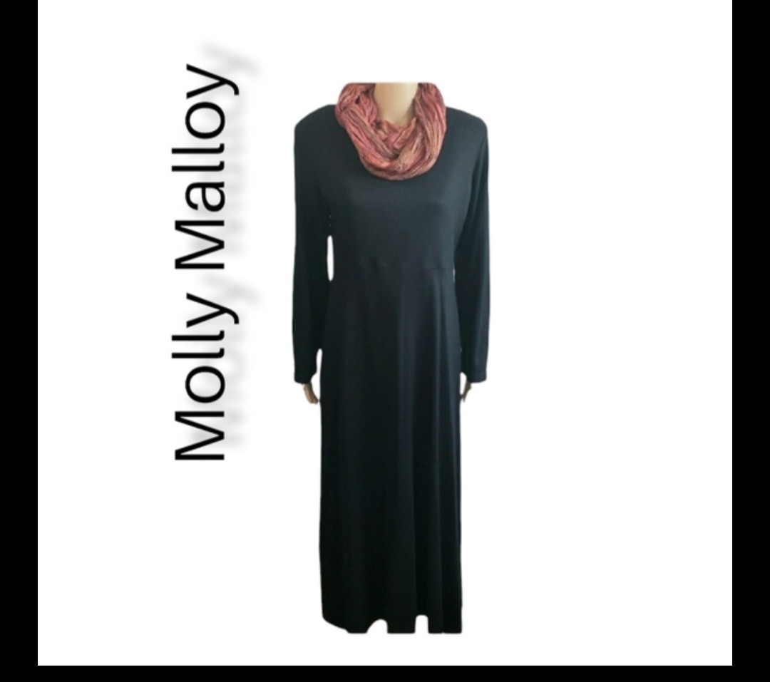 Vintage Molly Malloy Womens Black Longsleeve Waisted Maxi Dress With Scarf