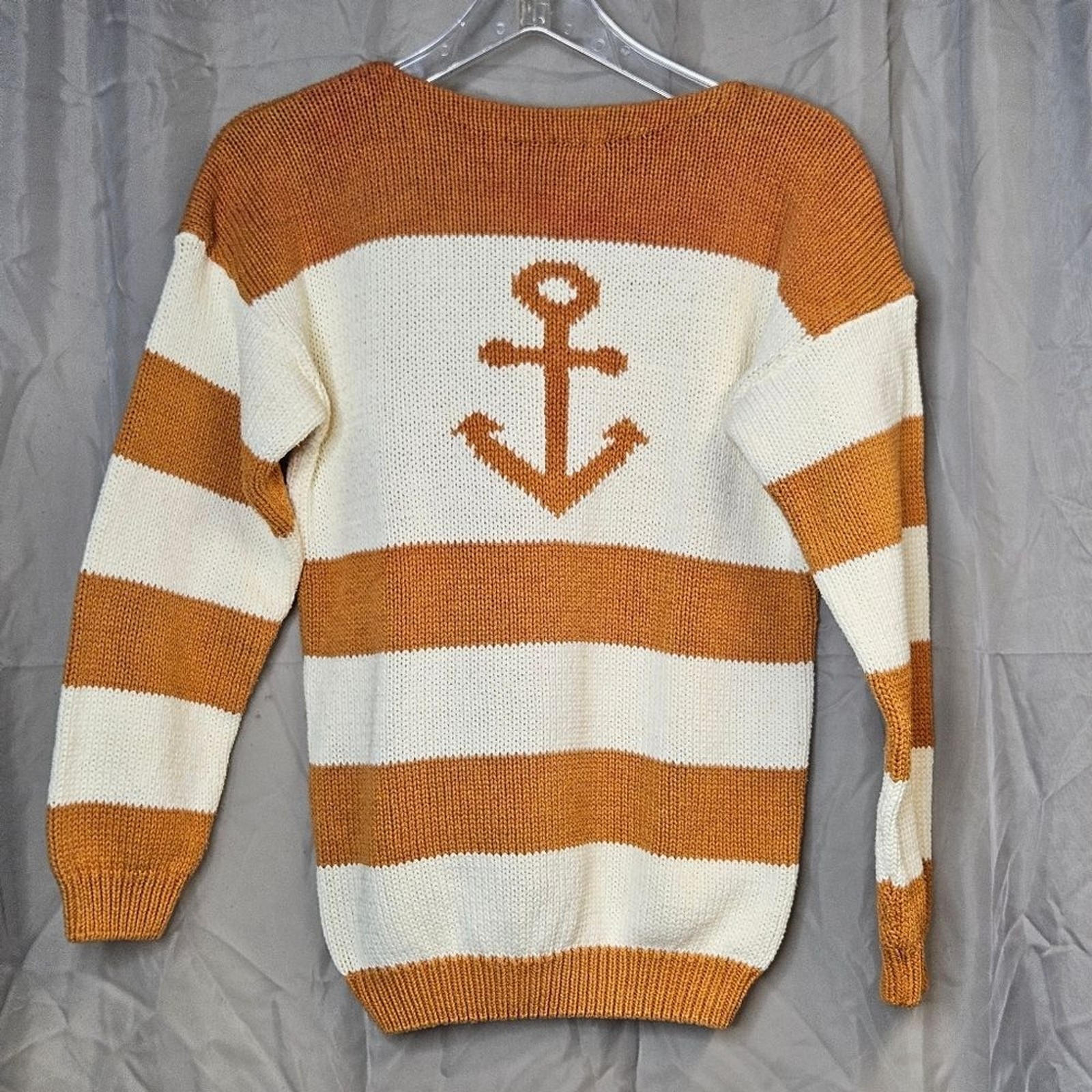 J.G. Hook Vintage Nautical Anchor Rust Cream Stripe Boatneck Cotton Knit Sweater