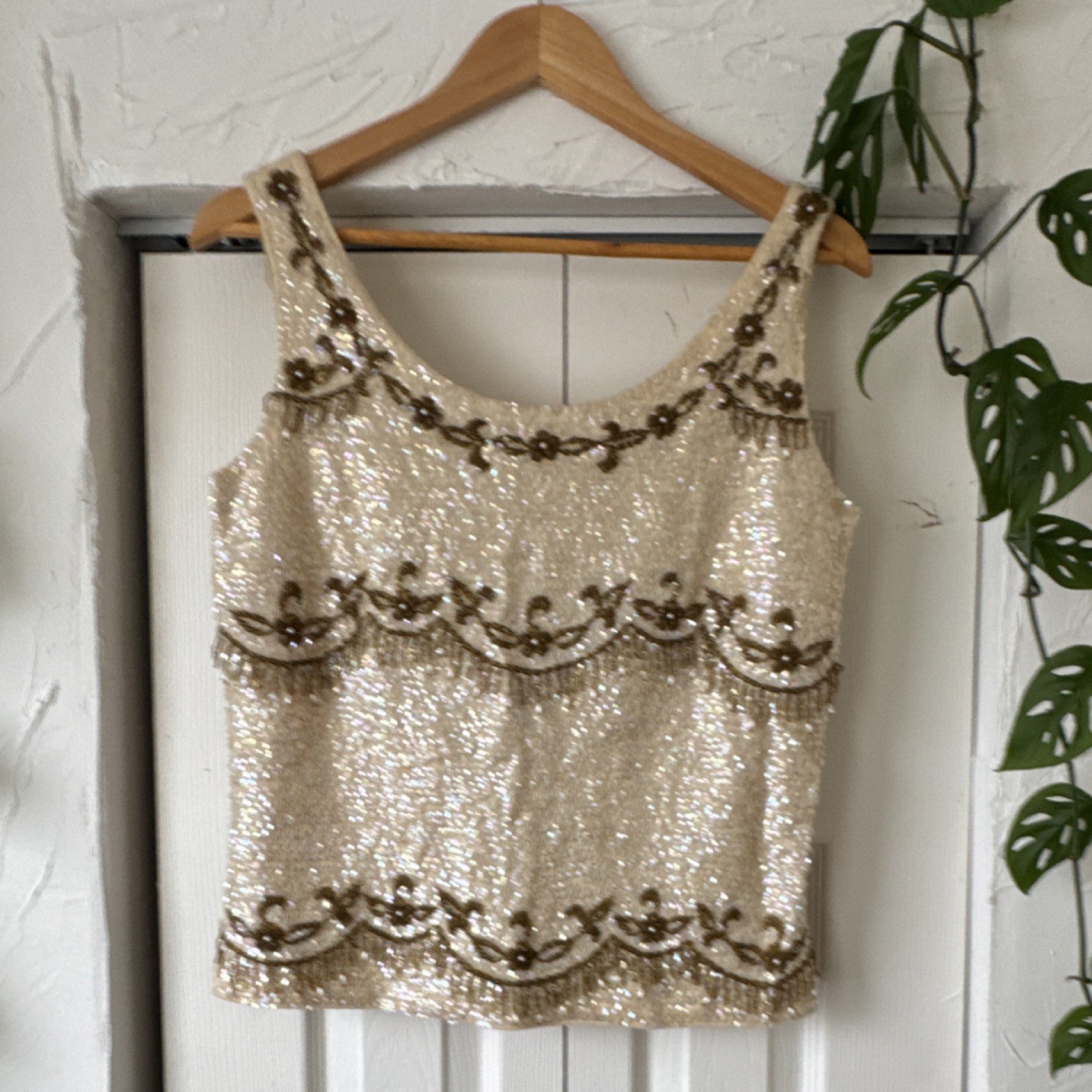 Desilu Inc. Ivory Gold Sequin Beaded Sleeveless Silk Top A.K. 4000