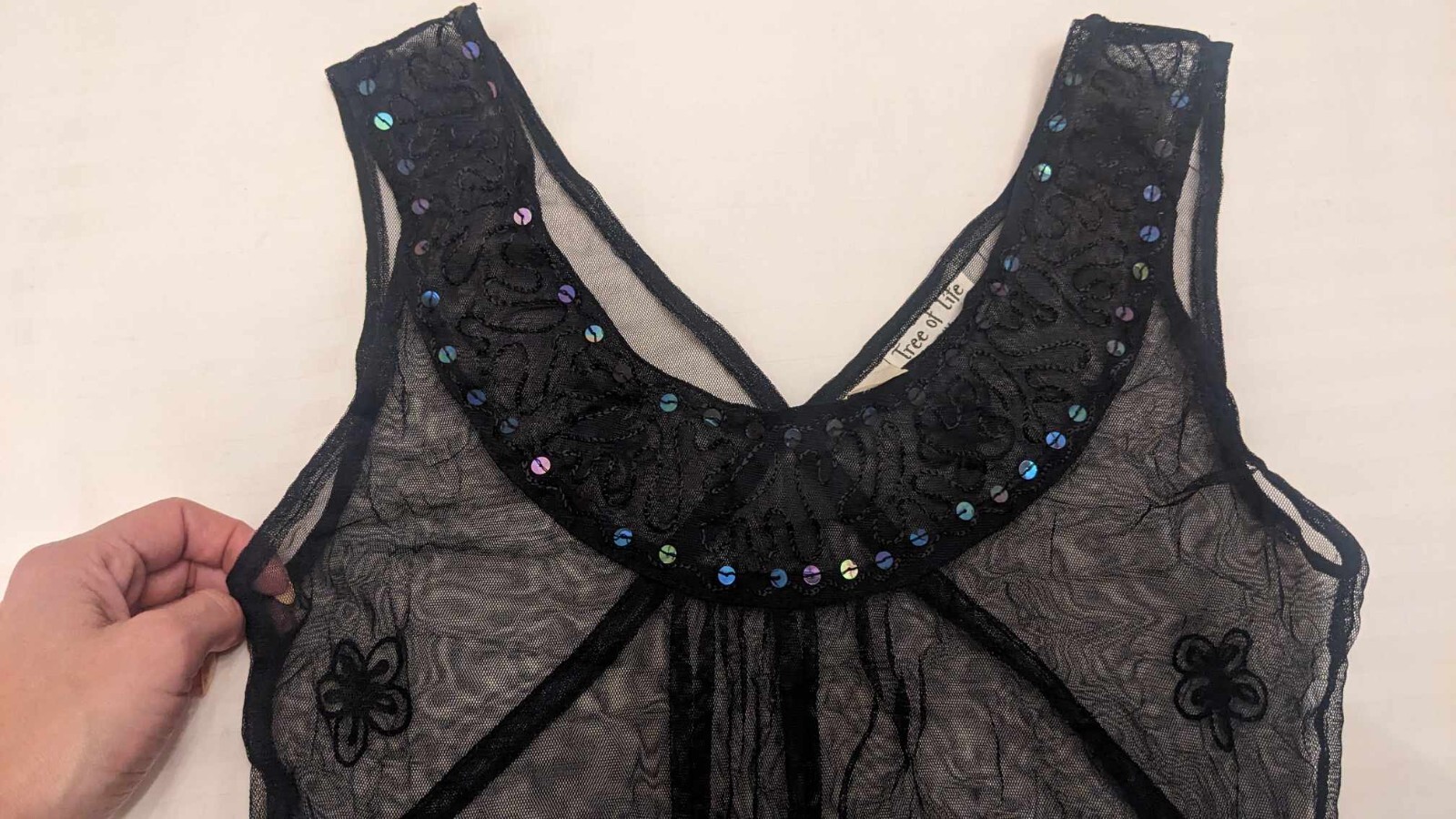 Black lace Mini Dress see through „Tree of Life” Floral Design Sexy Embroidery