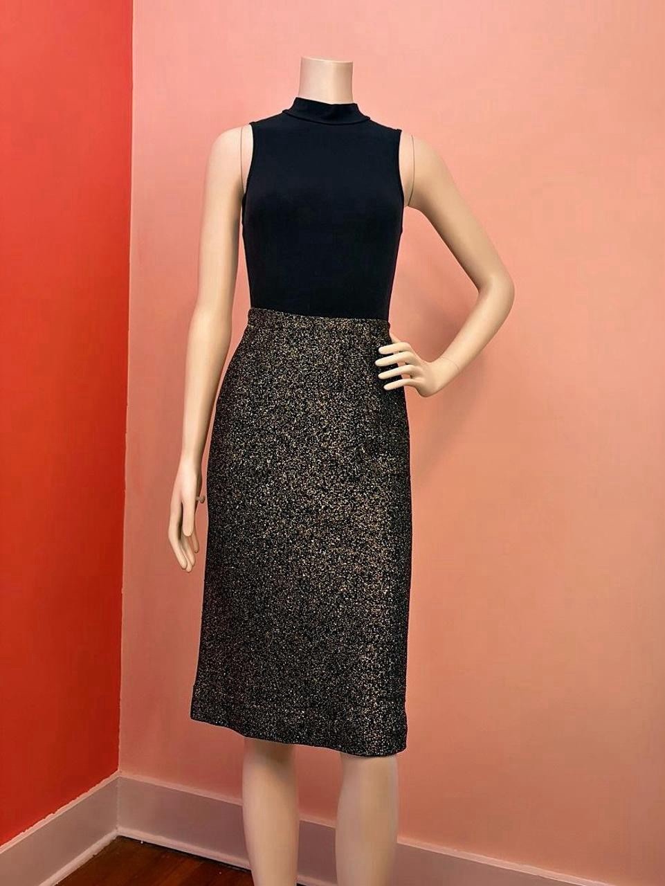 VTG 80s Halston III Metallic Knit Pencil midi Skirt Black/Gold Stretch disco M