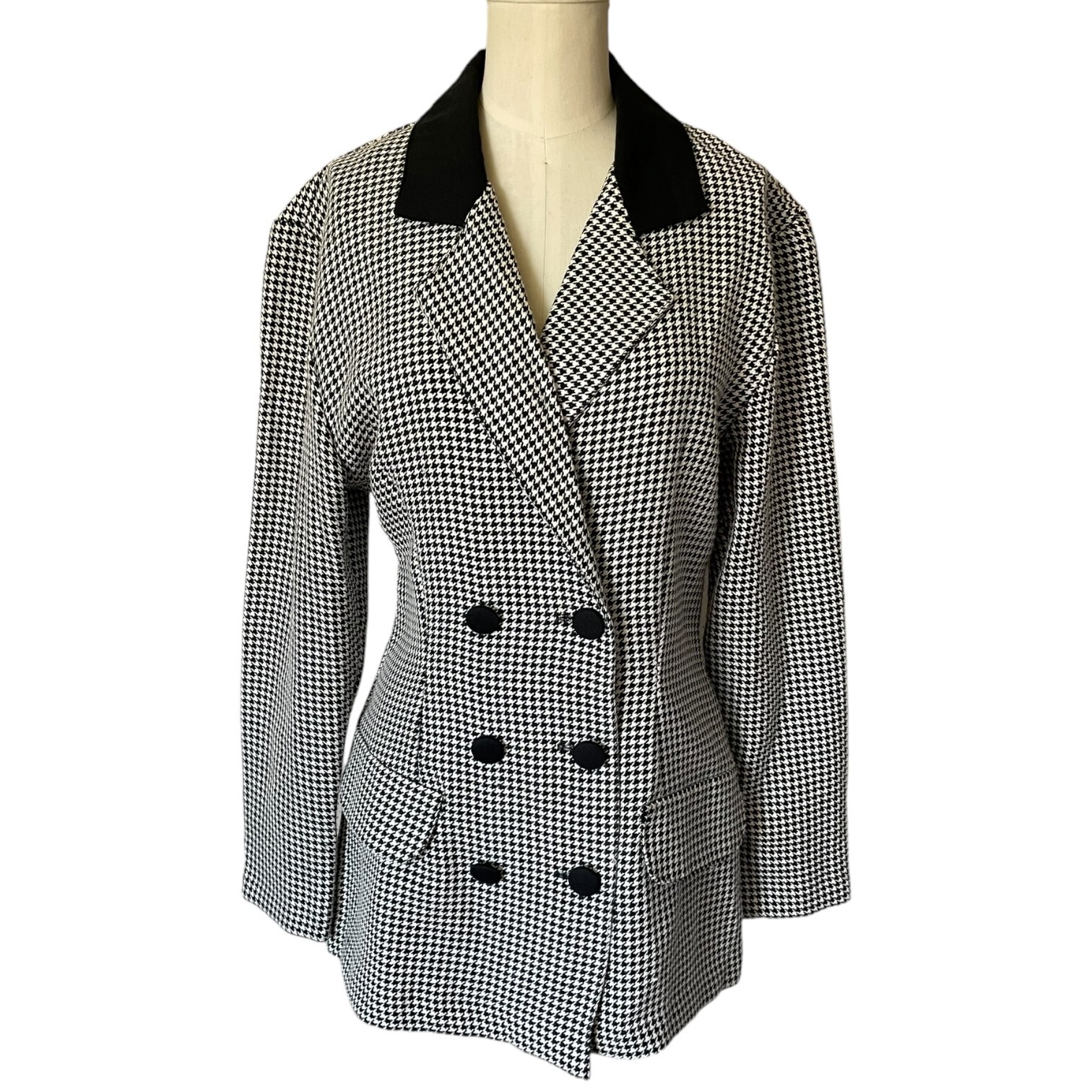 Vintage 80s 90s Black White Houndstooth Sheer Cut Out Back Blazer Chic Jacket