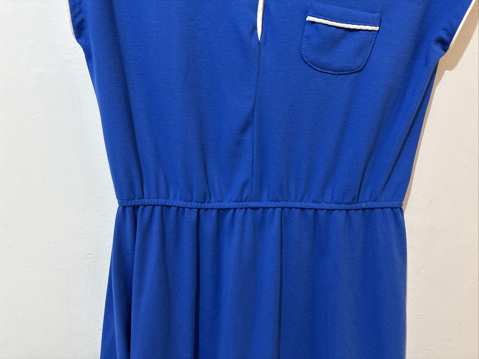 Vtg Kings Row Shirt Dress Womens 9 Blue White Trim Short Sleeve Knit Knee Length