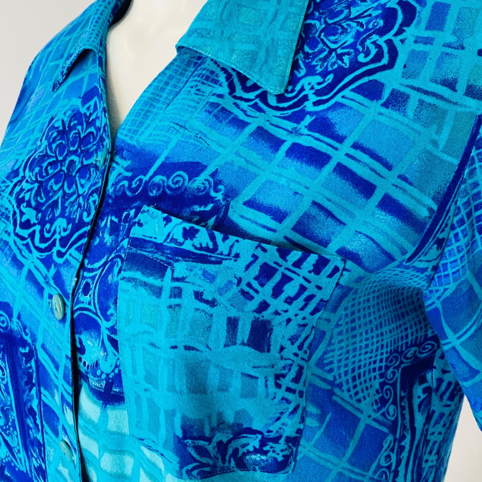 Vintage 1980s blue rayon blouse, L XL turquoise teal short sleeve collar 1990s