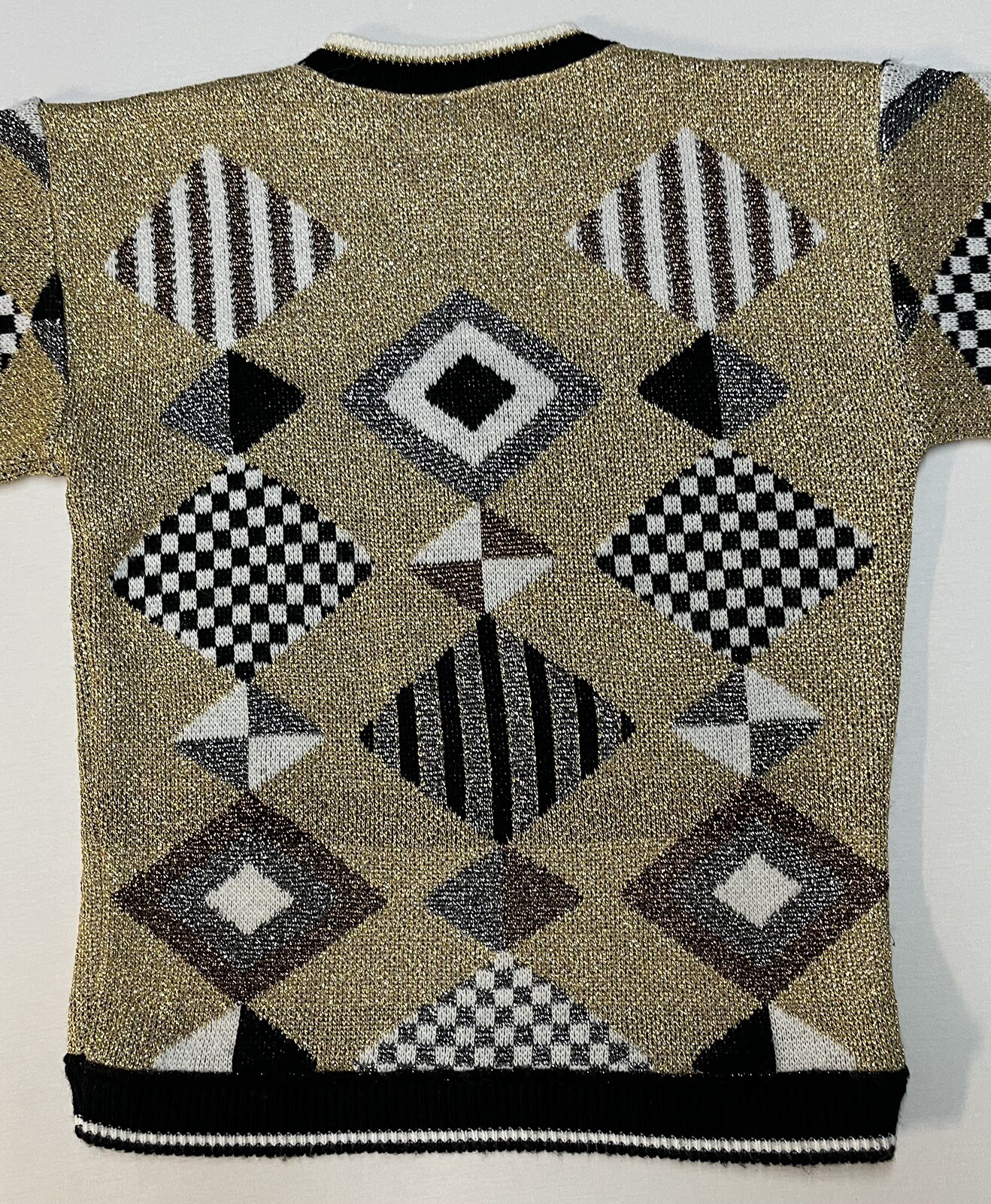 Vintage 80’s Beldoch Popper Sweater Gold Geometric Made USA Sz S Chest 38” EUC
