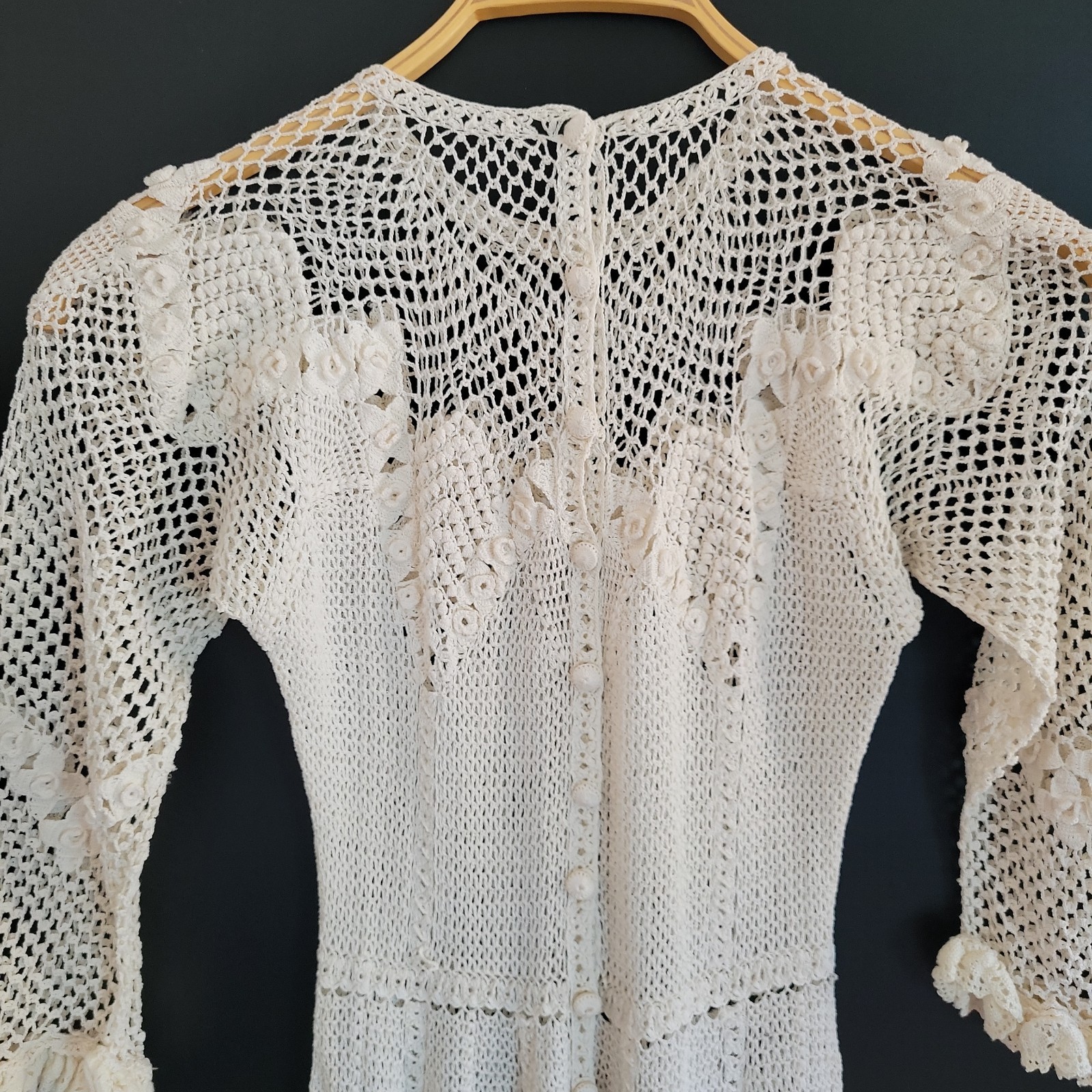 Vintage Handmade Crochet Lace Wedding Dress XS Small White Boho Sheer Overlay