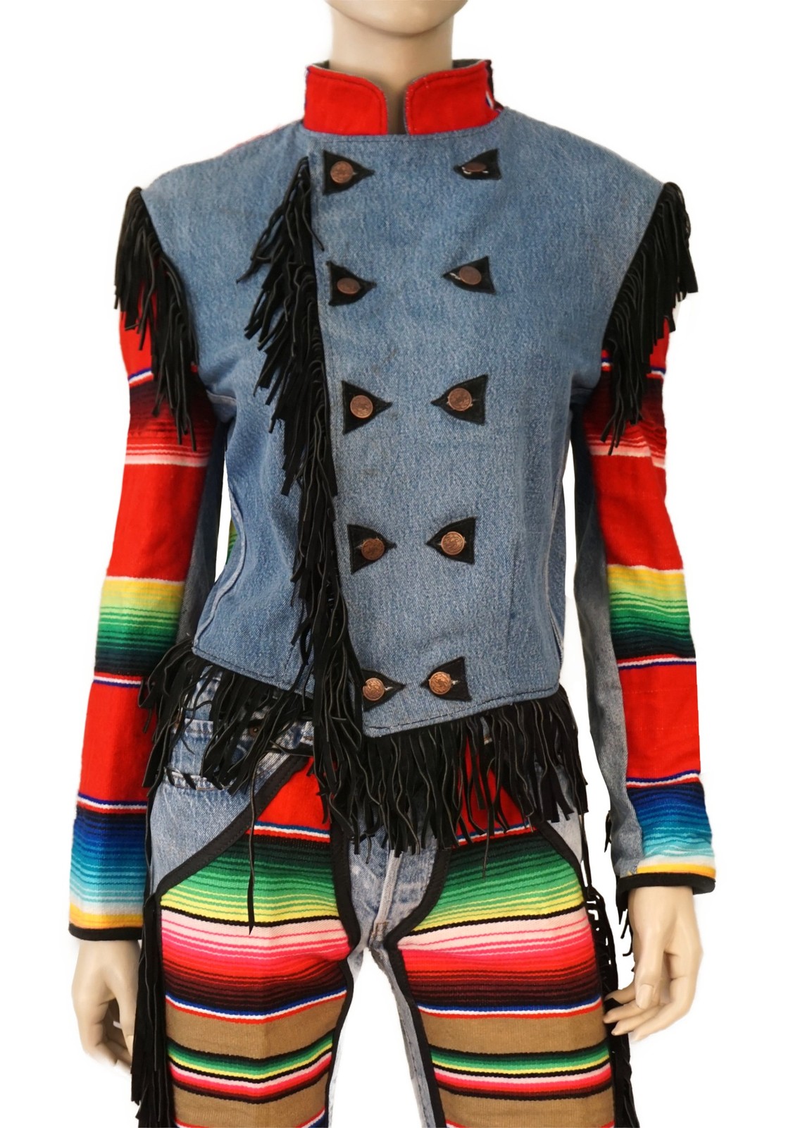 VINTAGE 80s Reworked Levi’s Jacket Sml Jeans Med Leather Fringe Mexican Blanket