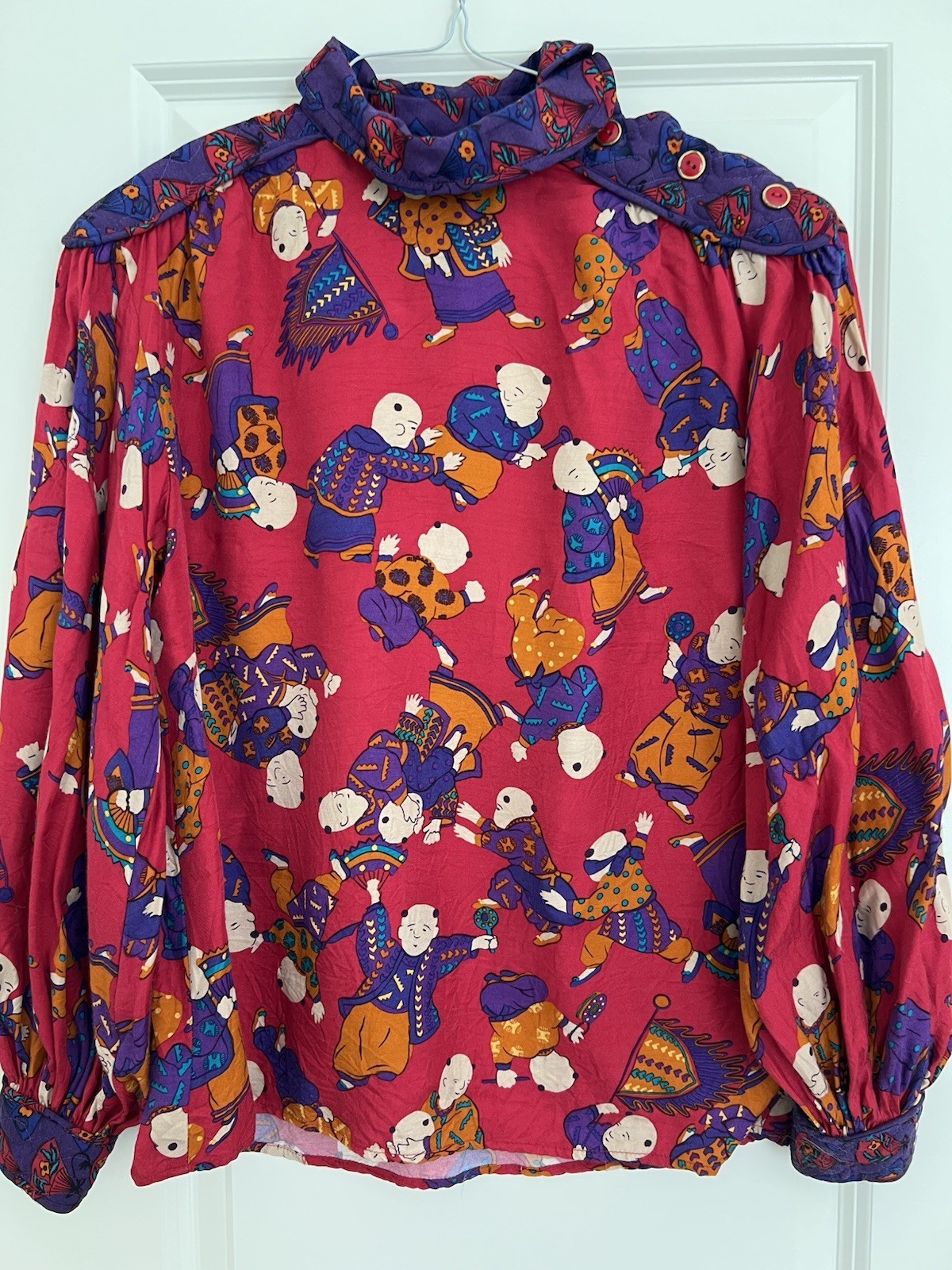 Vintage Jeanne Marc Asian Print Petite Blouse Shirt Size M, Made In USA