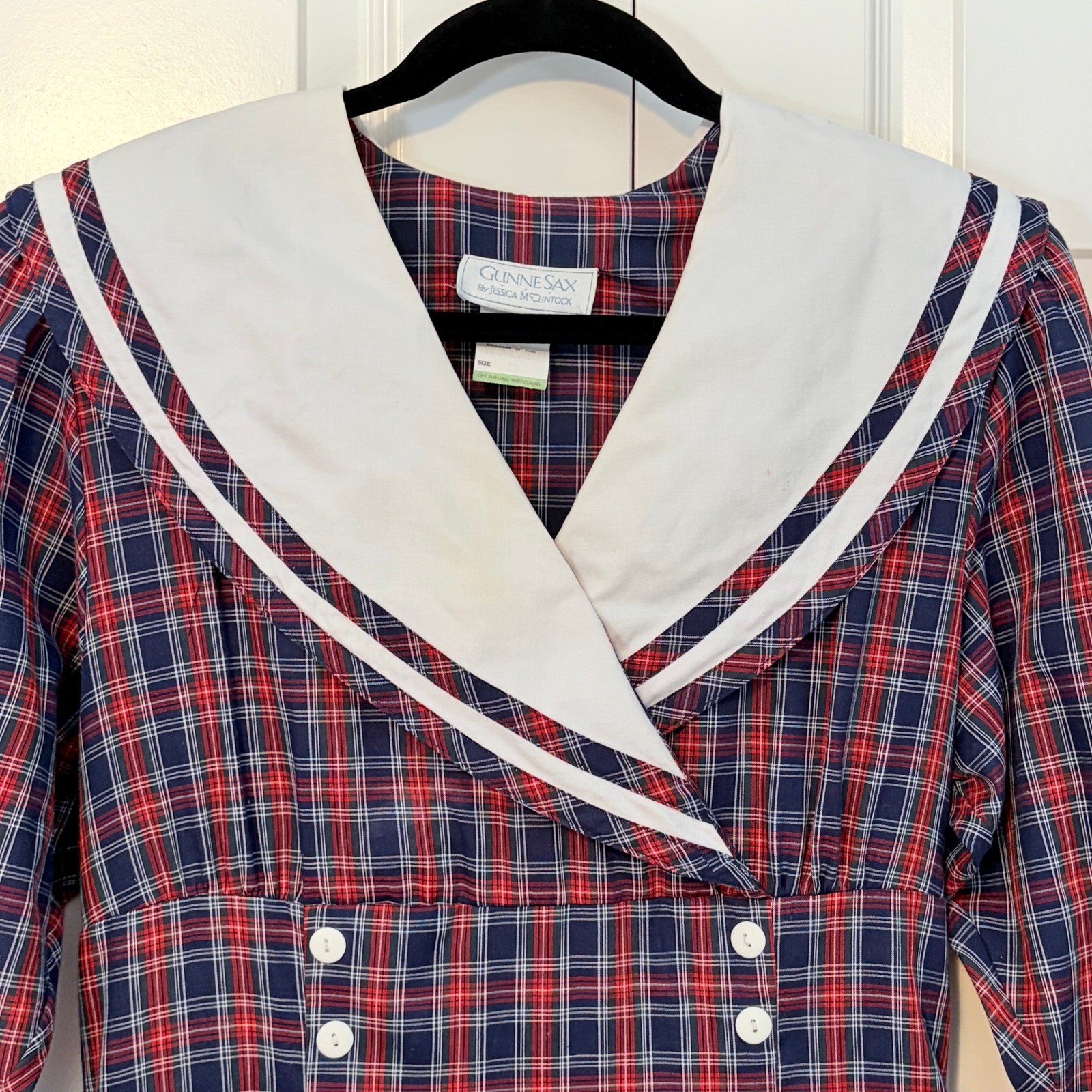 Gunne Sax Jessica McClintock Vintage 80s Red Blue Plaid Sailor Collar Midi Dress