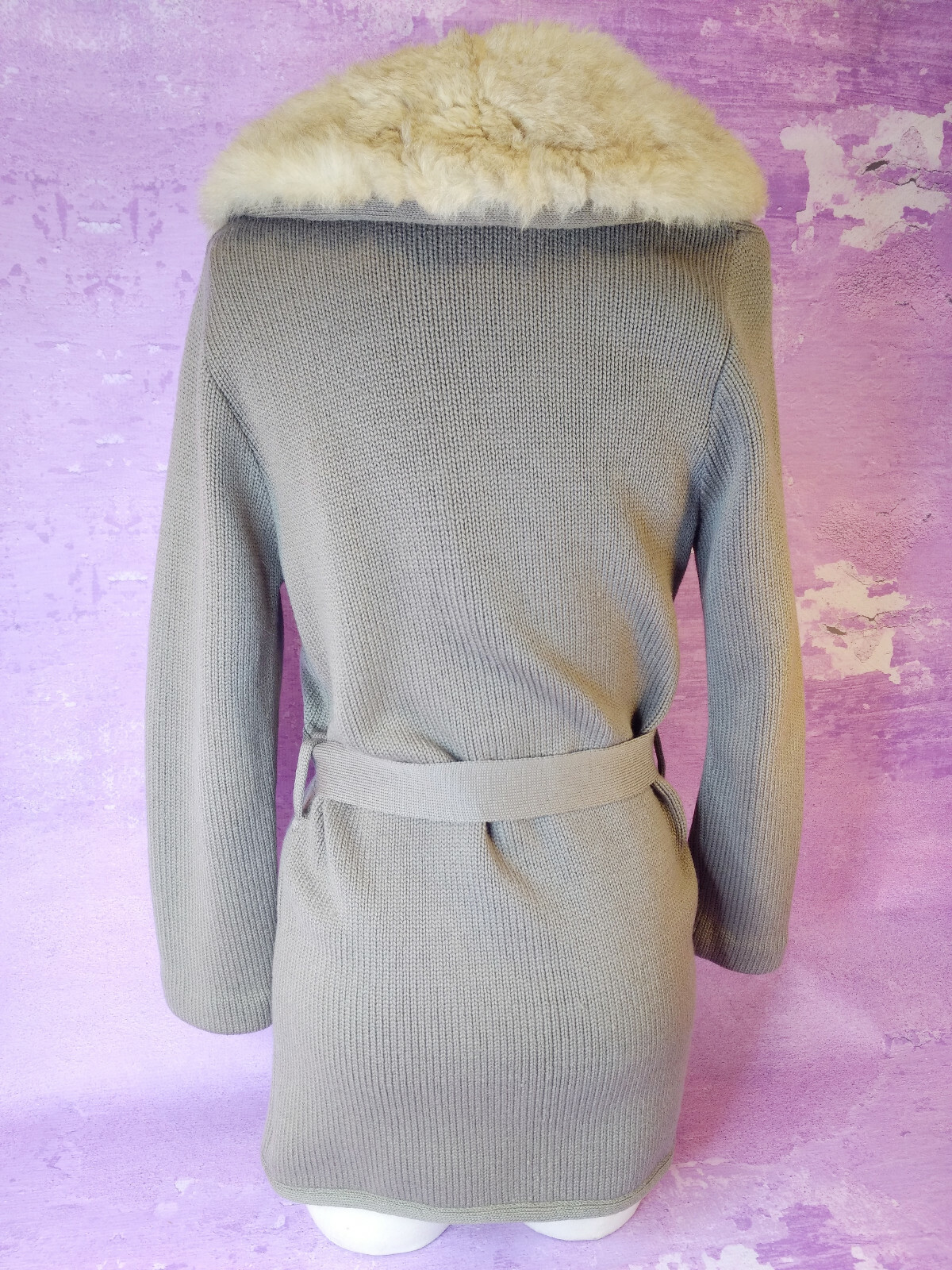 SAKRI Taupe Zephyr Wool Wrap Cardigan Sweater 1960s MCM VTG Fur Collar Tie Belt