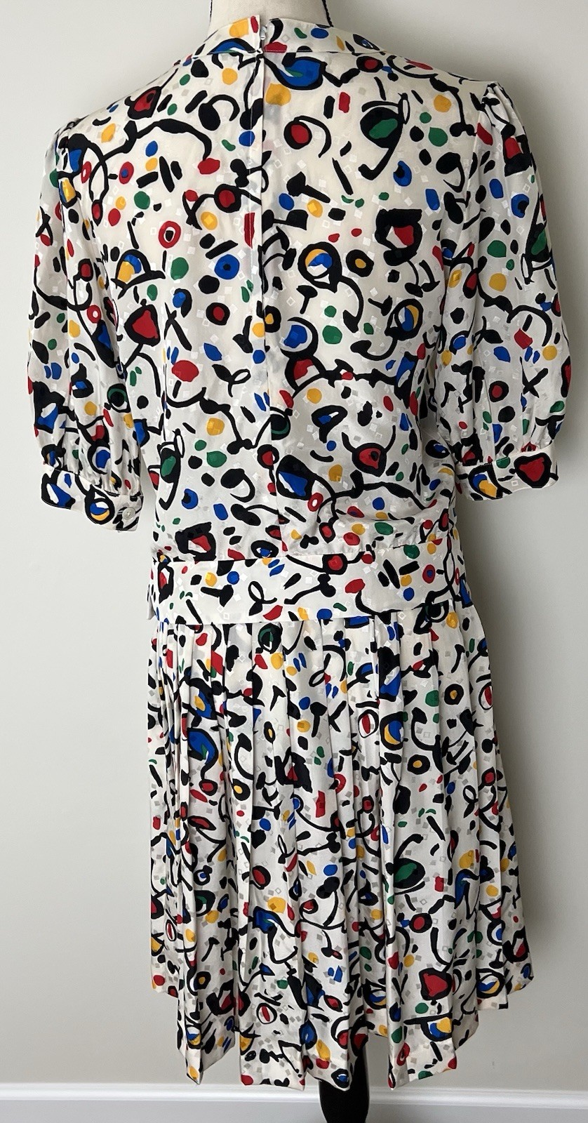 Vtg 80s HORCHOW Geometric Dress Size 4 Silk Pouf Sleeves