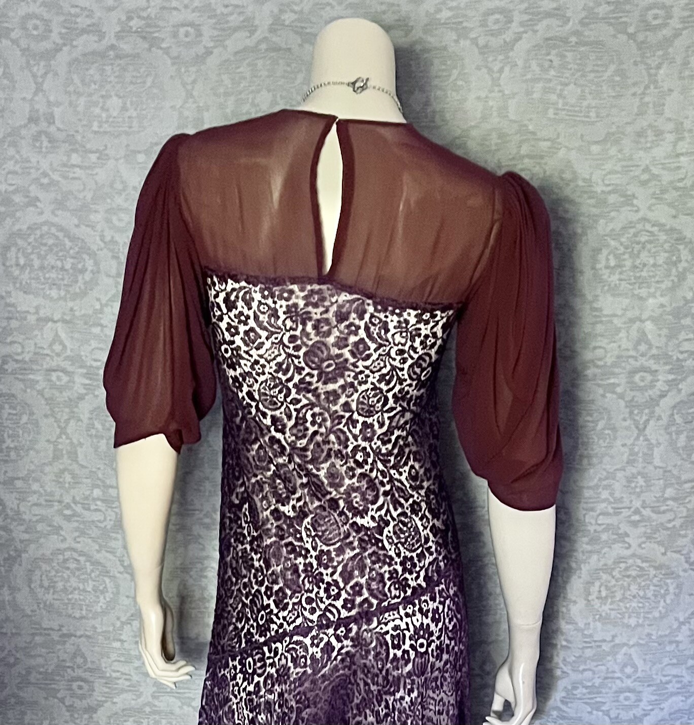 Charming 1930s Plum Silk Lace, Chiffon Occasion Dress, Excellent, Petite, Small