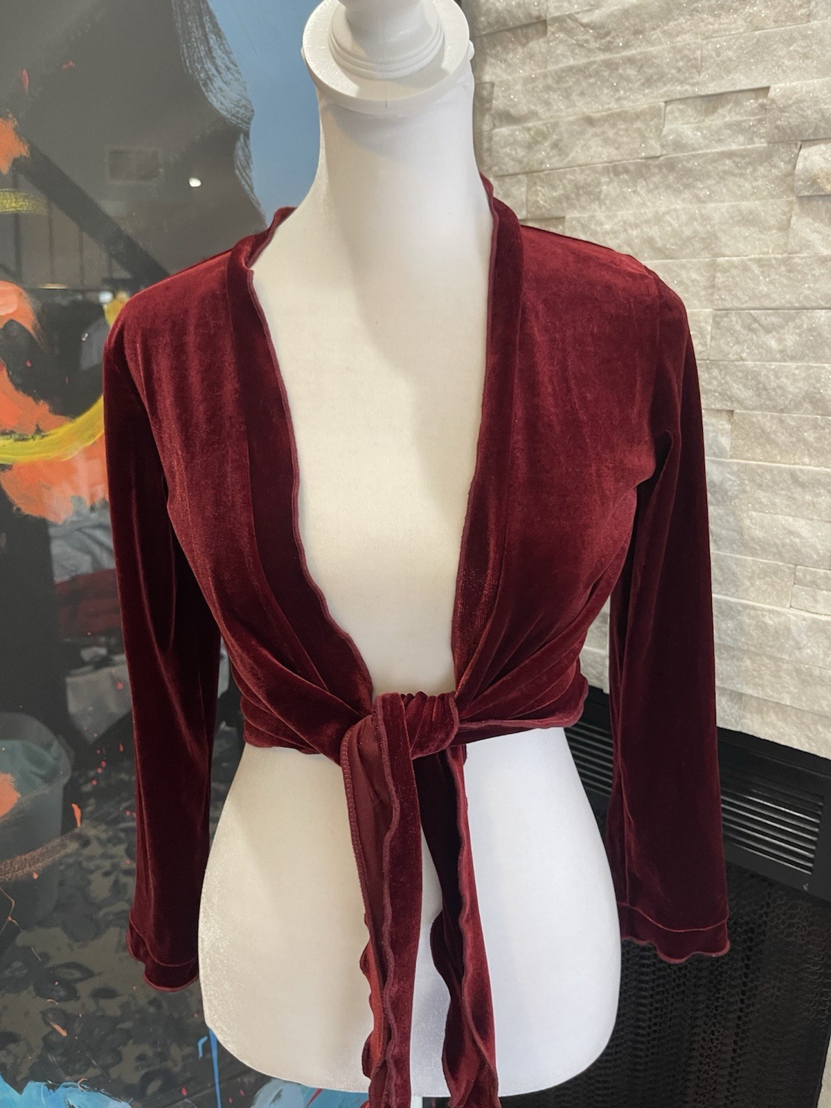 Vintage Lord And Taylor Cropped Bolero Shrug Velour Burgandy Cardigan Size Small