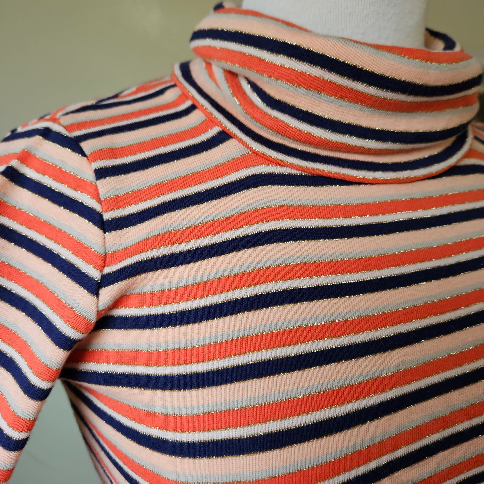 Vintage 70s Designers Originals Orange Navy Metallic Striped Knit Turtleneck Top