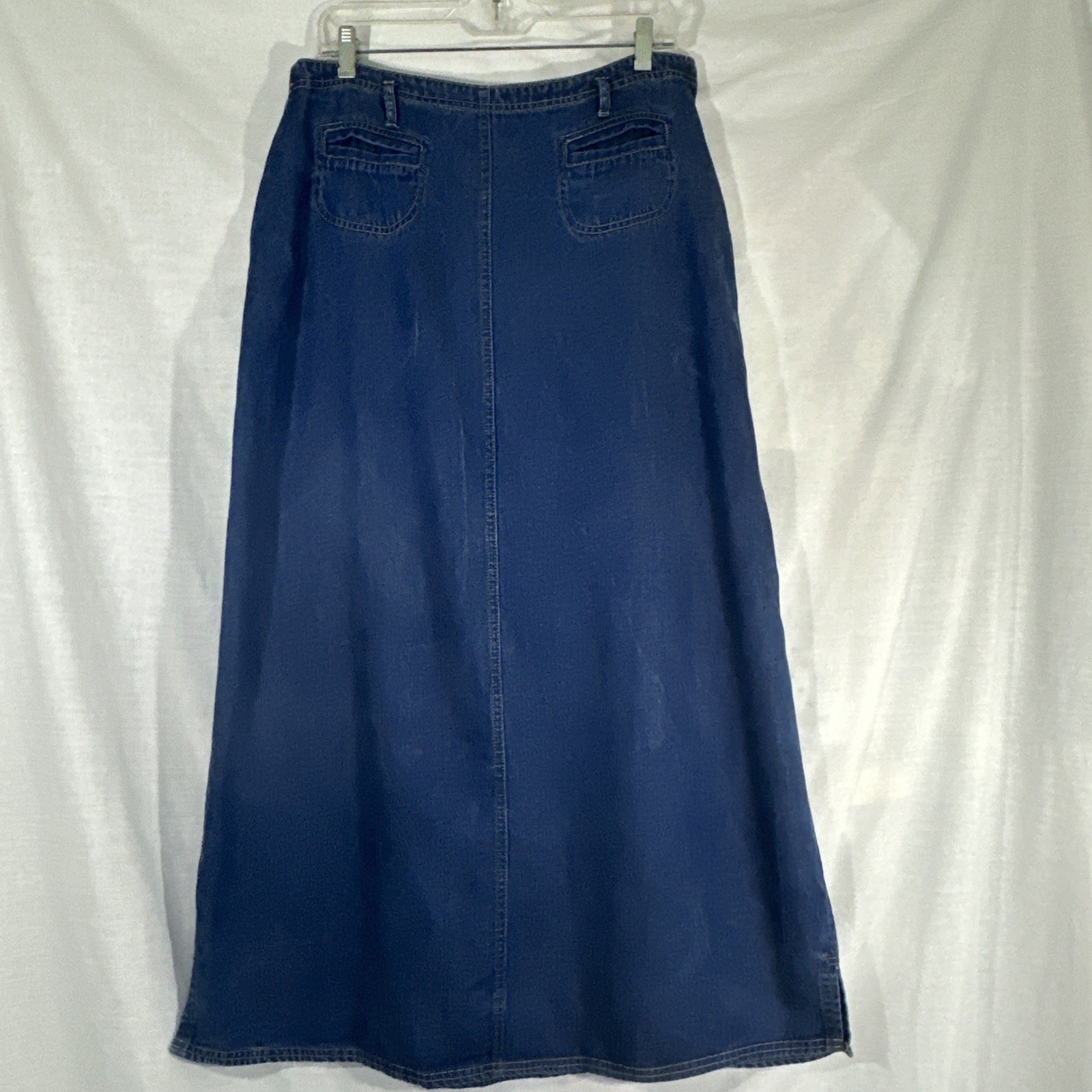 Vtg Y2K Maxi Denim Chambray Skirt Sz XL Elastic Back Belt Loops Med Stone Wash