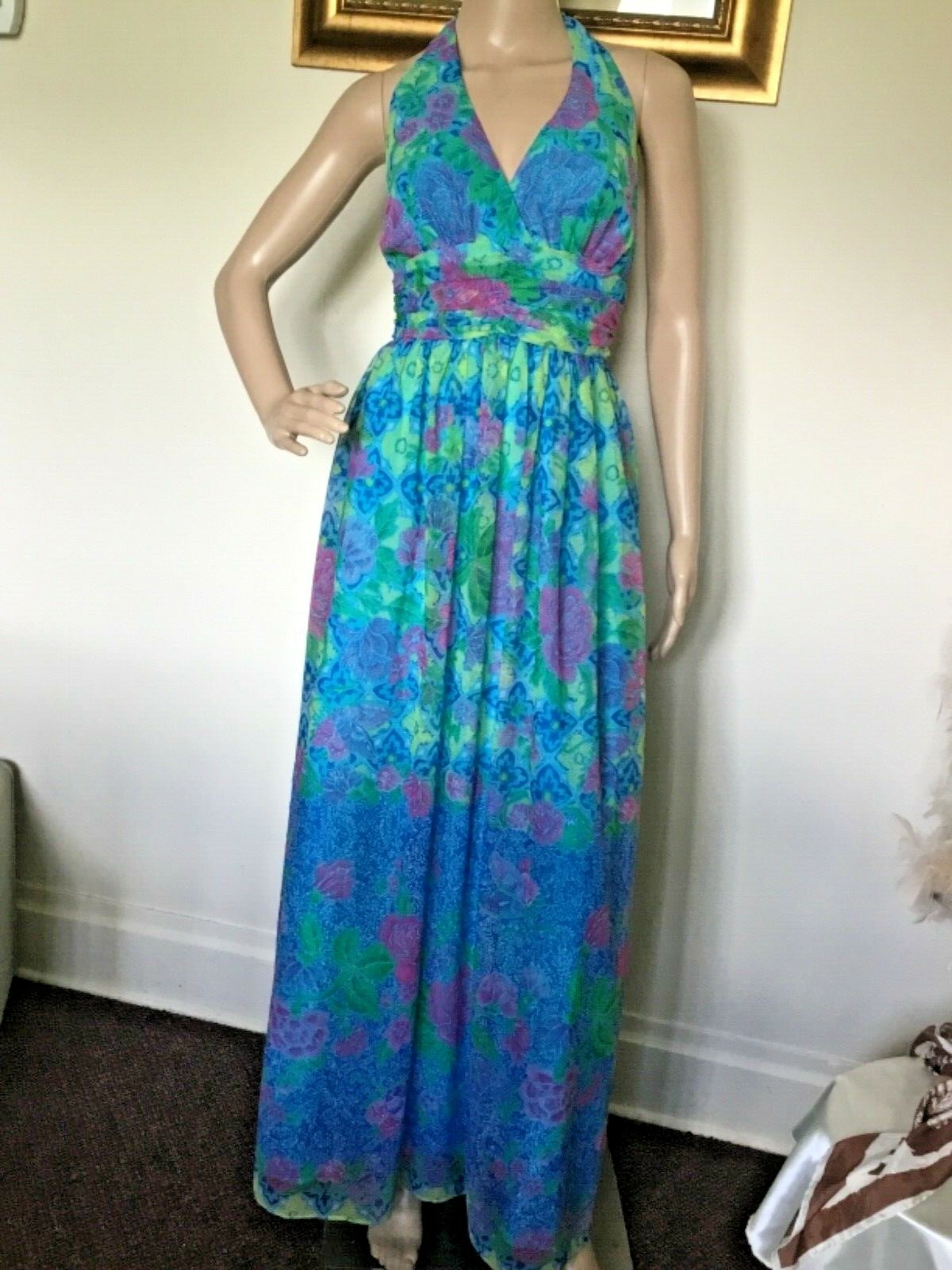 70’s Vintage Blue Neon Yellow/Pink Floral Sexy Halter Top Maxi Dress