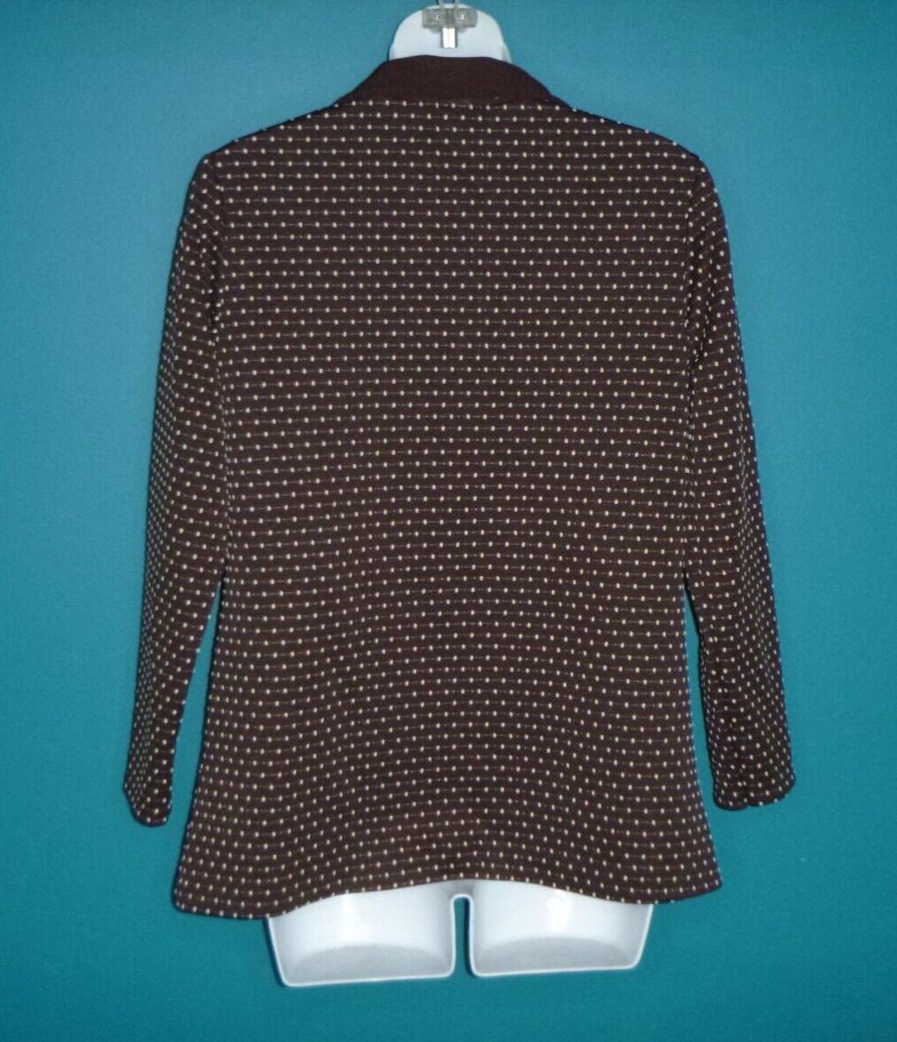 Vtg 60s 70s MOD Polyester Knit Shirt Jacket Brown White Dots Big Collar Sz S/M